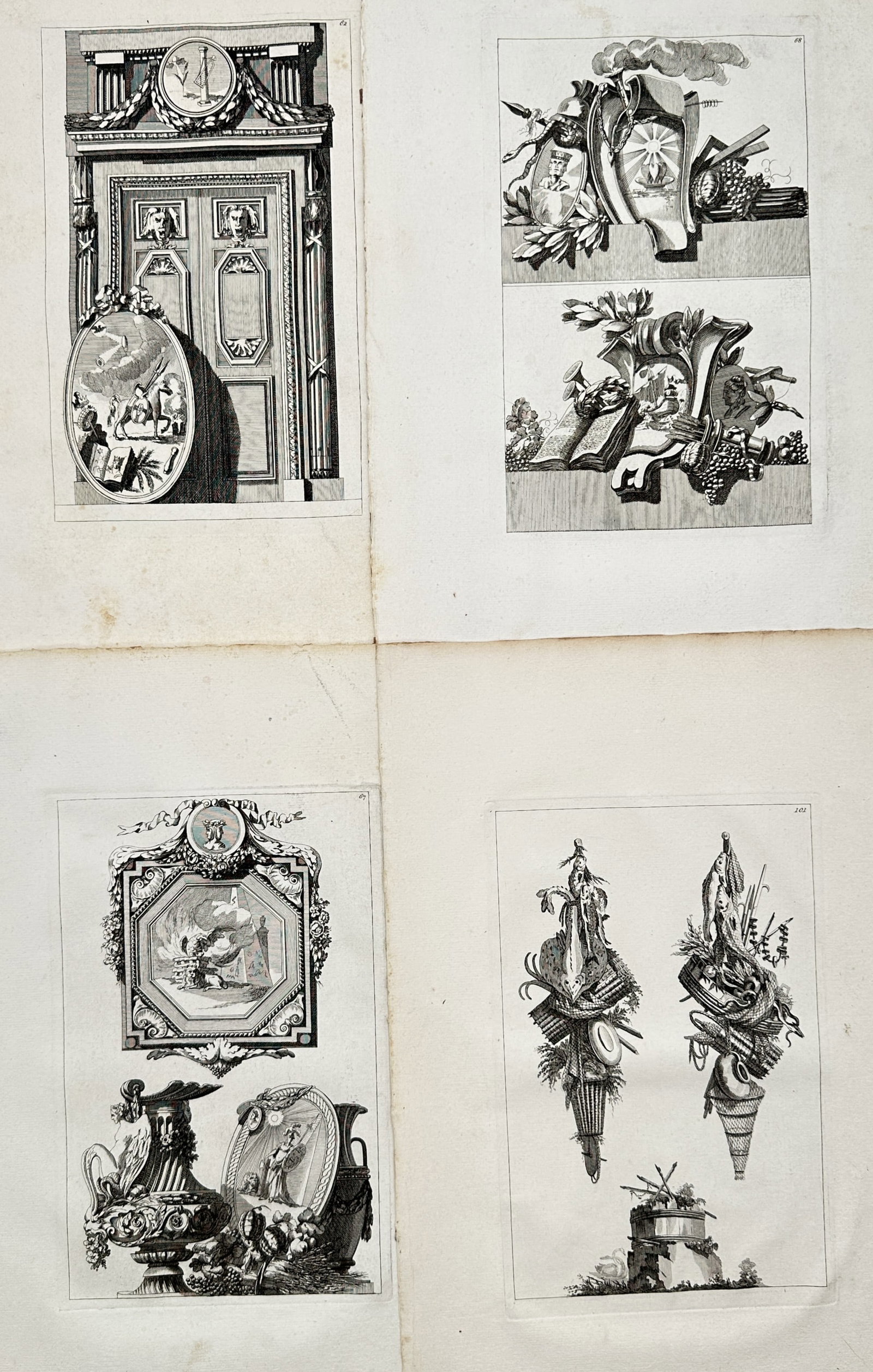Jean-Charles Delafosse – Set of 4: Neoclassical Architectural Ornament Designs and Trophies (1 of 2)