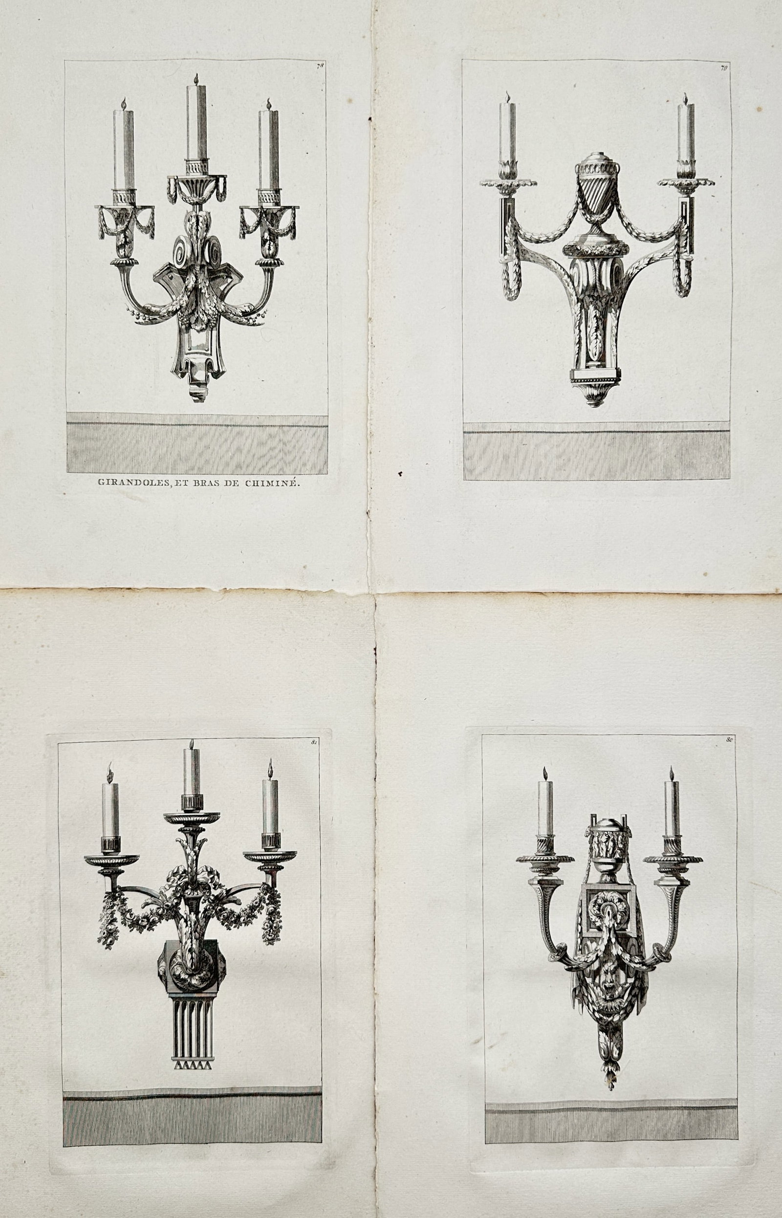 Jean-Charles Delafosse – Set of 4: Neoclassical Girandoles and Wall Sconces – Engravings: "Girandoles, et Bras de Cheminée" This set of four prints features elaborate neoclassical architectural and decorative designs showcasing ornamental girandoles and wall sconces. The highly detailed c