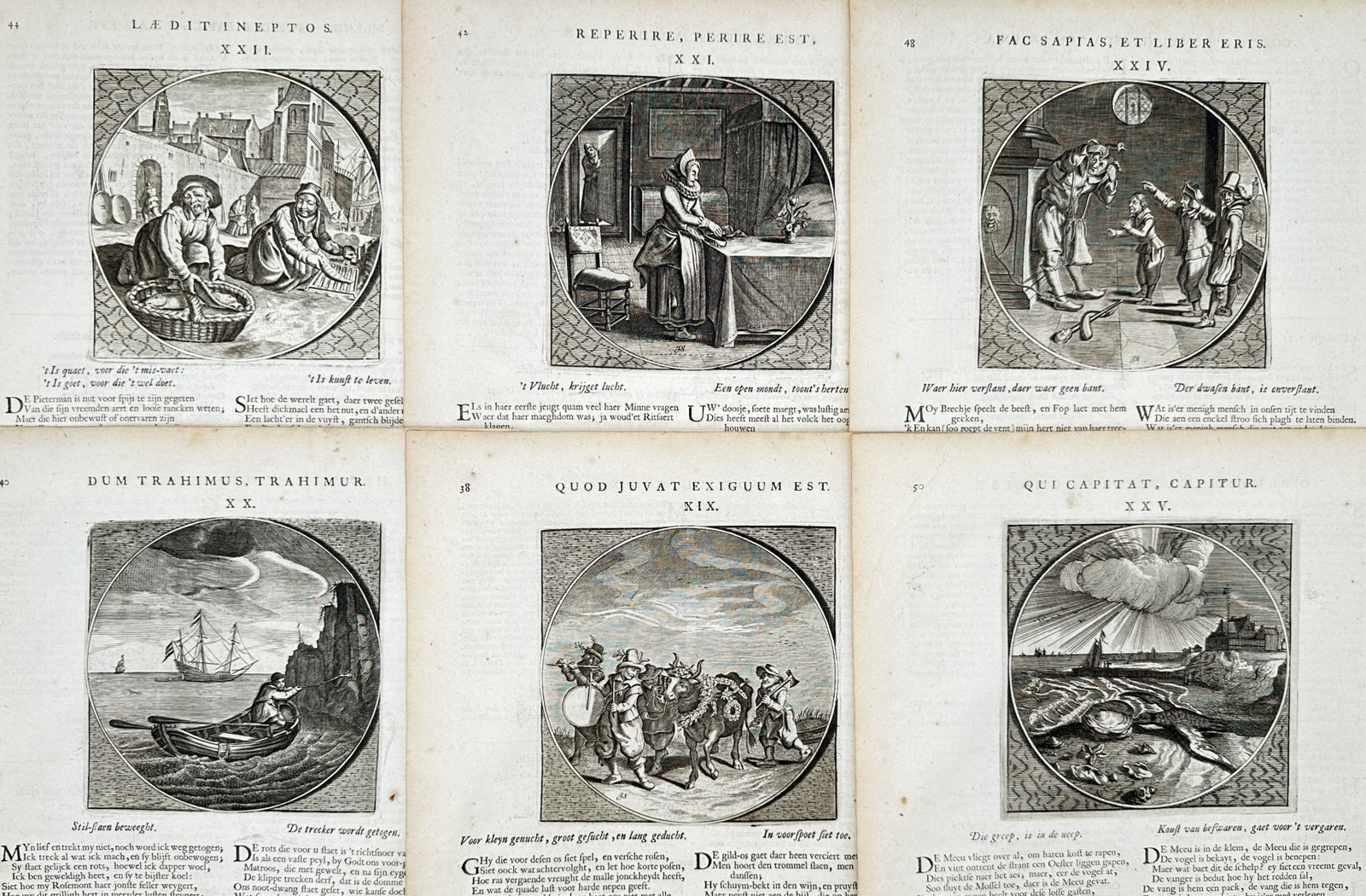 Jacob Cats – Set of 6: Moral Emblem Illustrations from Dutch Literature – Engravings (17th (1 of 2)