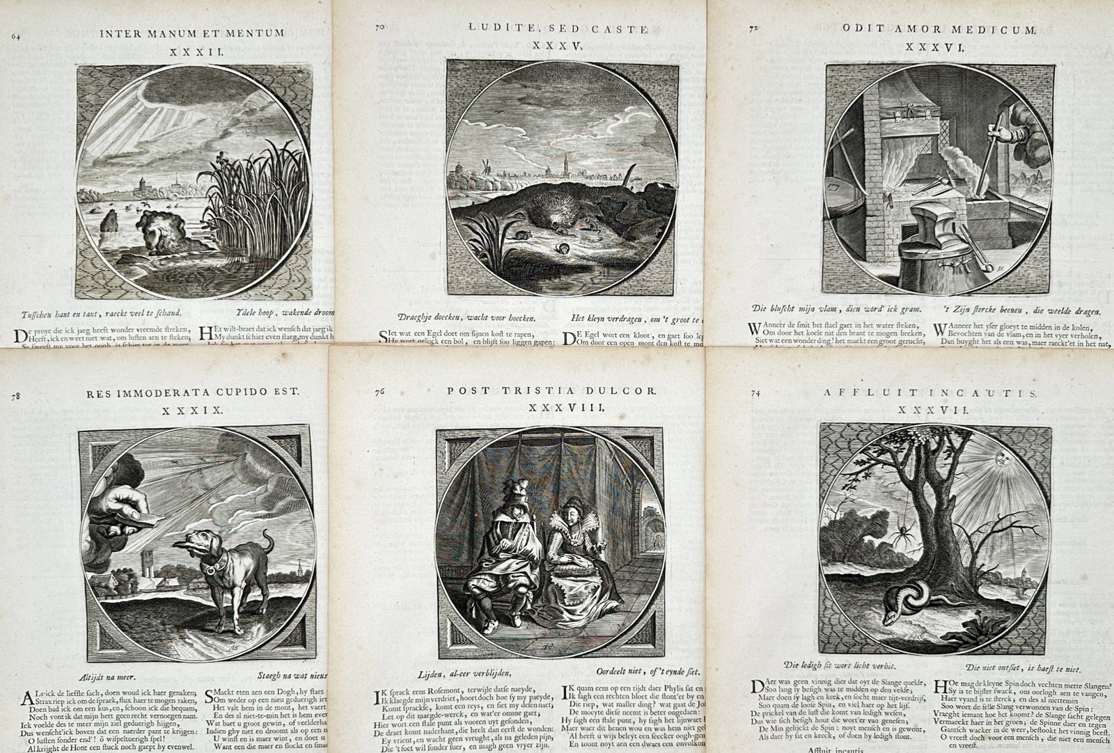 Jacob Cats – Set of 6: Moral Emblem Illustrations and Allegorical Vignettes – Engravings (1 of 2)