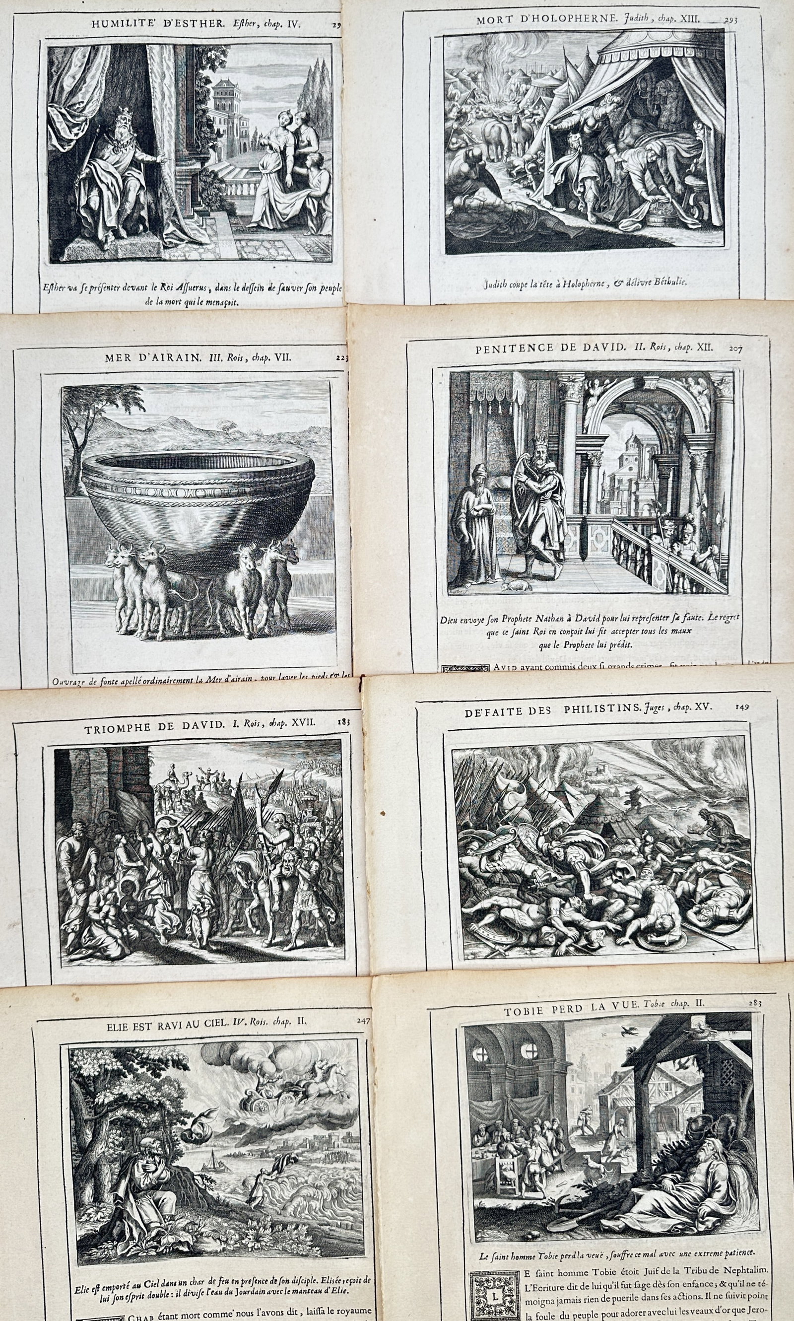 Nicolas Fontaine – Set of 8: Biblical Narratives from the Old Testament – Engravings (17th: Humilite d Esther, Mort d Holopherne, Mer d Airain, Penitence de David, Triomphe de David, Defaite des Philistins, Elie Est Ravi au Ciel, and Tobie Perd la Vue This set of eight prints features dramat