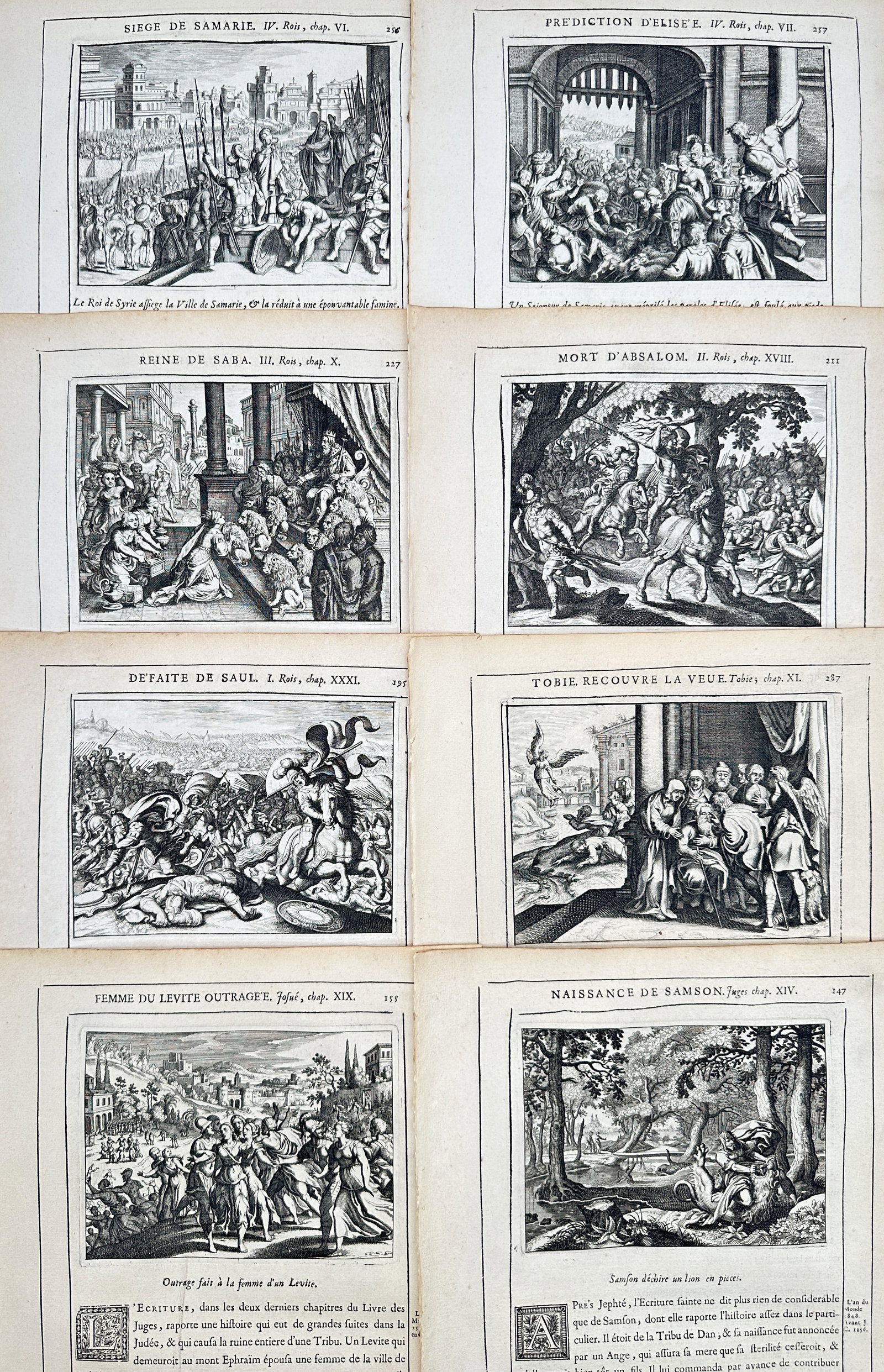 Nicolas Fontaine – Set of 8: Old Testament Biblical Scenes and Historical Summaries – Engravings (1 of 2)