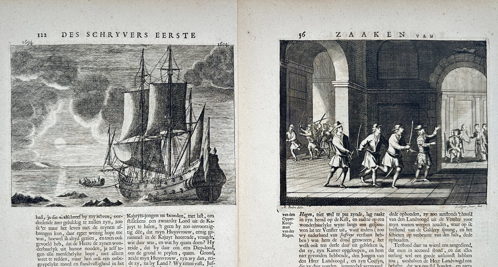François Valentijn – Set of 2: Historical Maritime Scenes and Courtly Confrontations –: "Historical Maritime Scenes and Courtly Confrontations" This set of two prints features detailed historical illustrations depicting a multi-masted ship navigating turbulent waters under a cloudy sky a