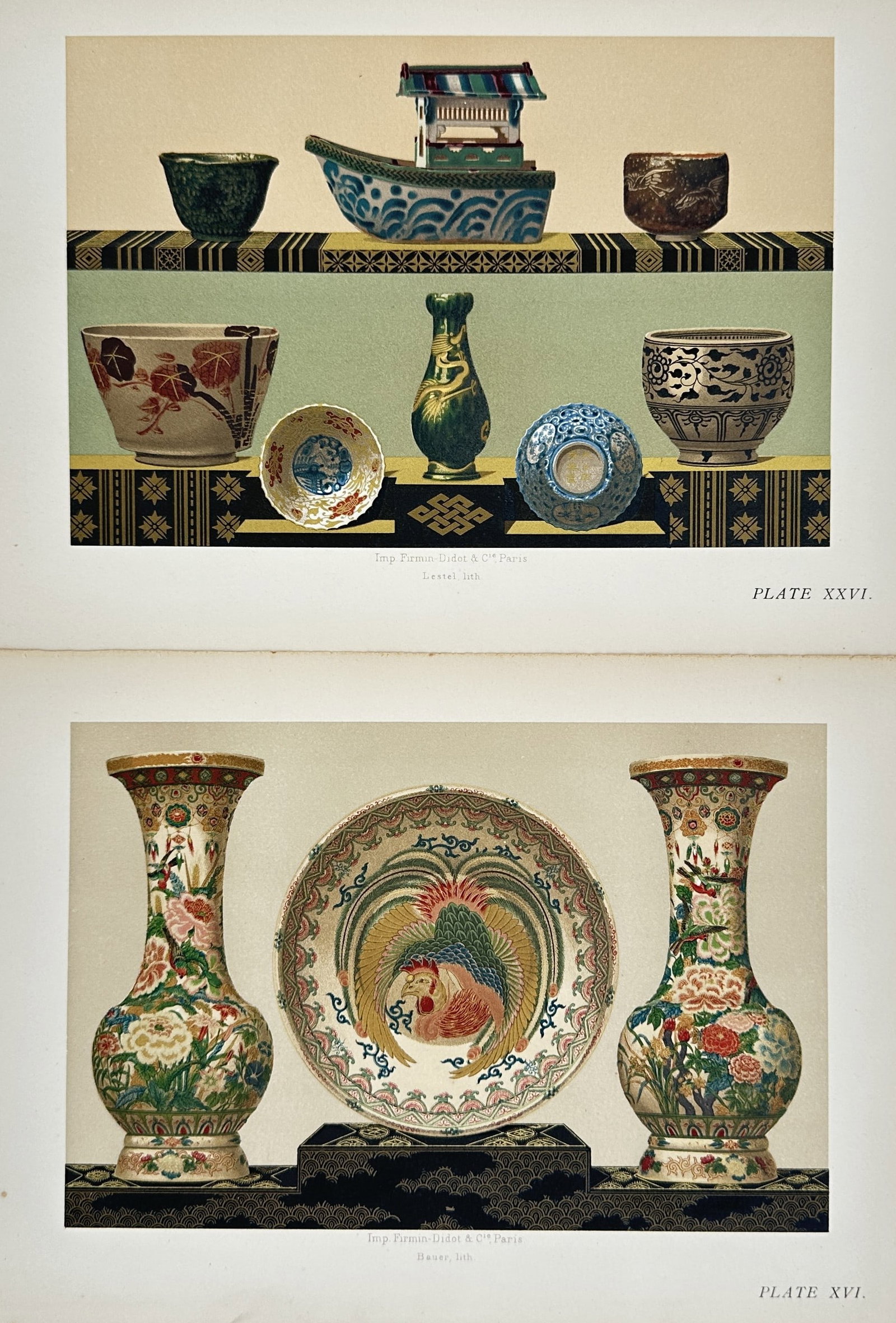 George Ashdown Audsley – Set of 2: Studies of Japanese Ceramic Art and Decorative Wares: "Studies of Japanese Ceramic Art and Decorative Wares" This set of two prints features detailed illustrations showcasing traditional Japanese pottery, including decorative bowls, cups, ornamental vase