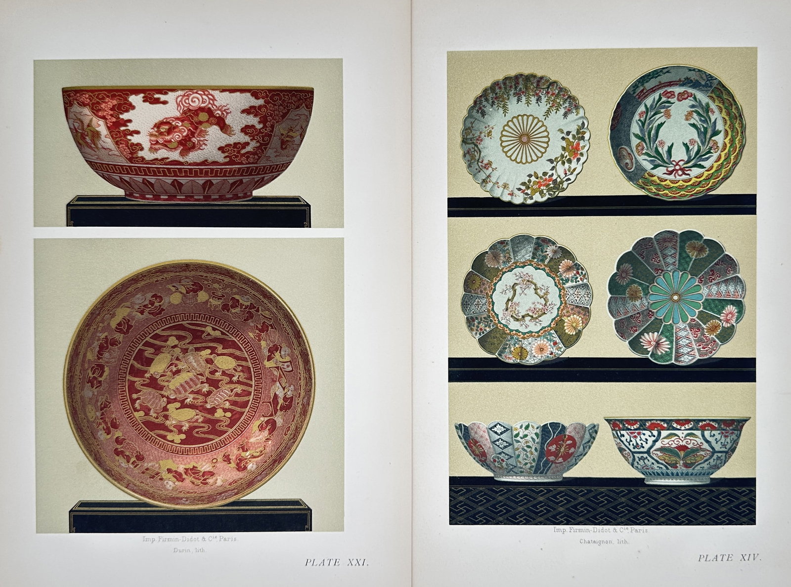 George Ashdown Audsley – Set of 2: Studies of Japanese Porcelain Bowls and Fluted Dishes: "Studies of Japanese Porcelain Bowls and Fluted Dishes" This set of two prints features detailed illustrations showcasing traditional Japanese ceramic works, including a large red patterned bowl and c