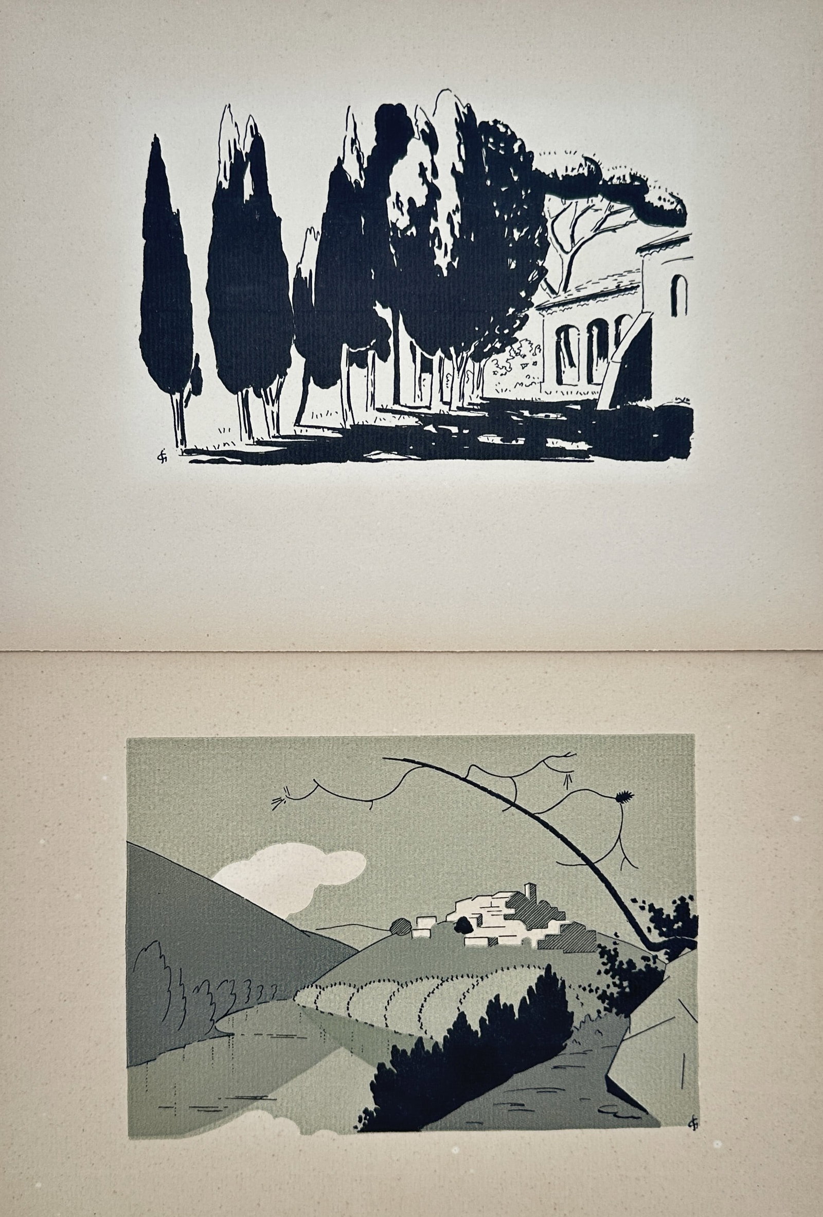 Gaston-Stéphane – Set of 2: Studies of Mediterranean Landscapes and Village Vistas – Woodcuts: "Studies of Mediterranean Landscapes and Village Vistas" This set of two prints features stylized landscape illustrations depicting tall cypress trees beside a classic villa alongside a view of a hill
