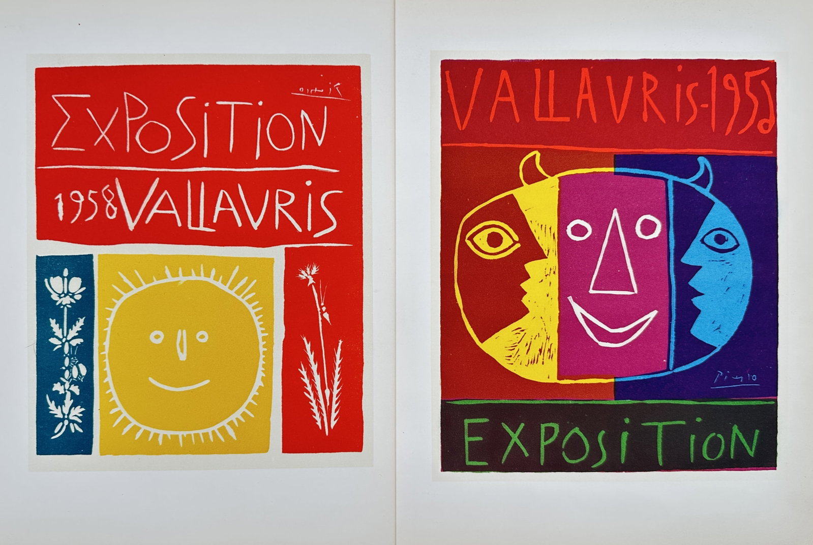 Pablo Picasso – Set of 2: Studies of Vallauris Exposition Posters – Offset Prints (20th Century): "Studies of Vallauris Exposition Posters" This set of two prints features vibrant graphic designs replicating exhibition poster art created for the town of Vallauris, incorporating a stylized smiling 