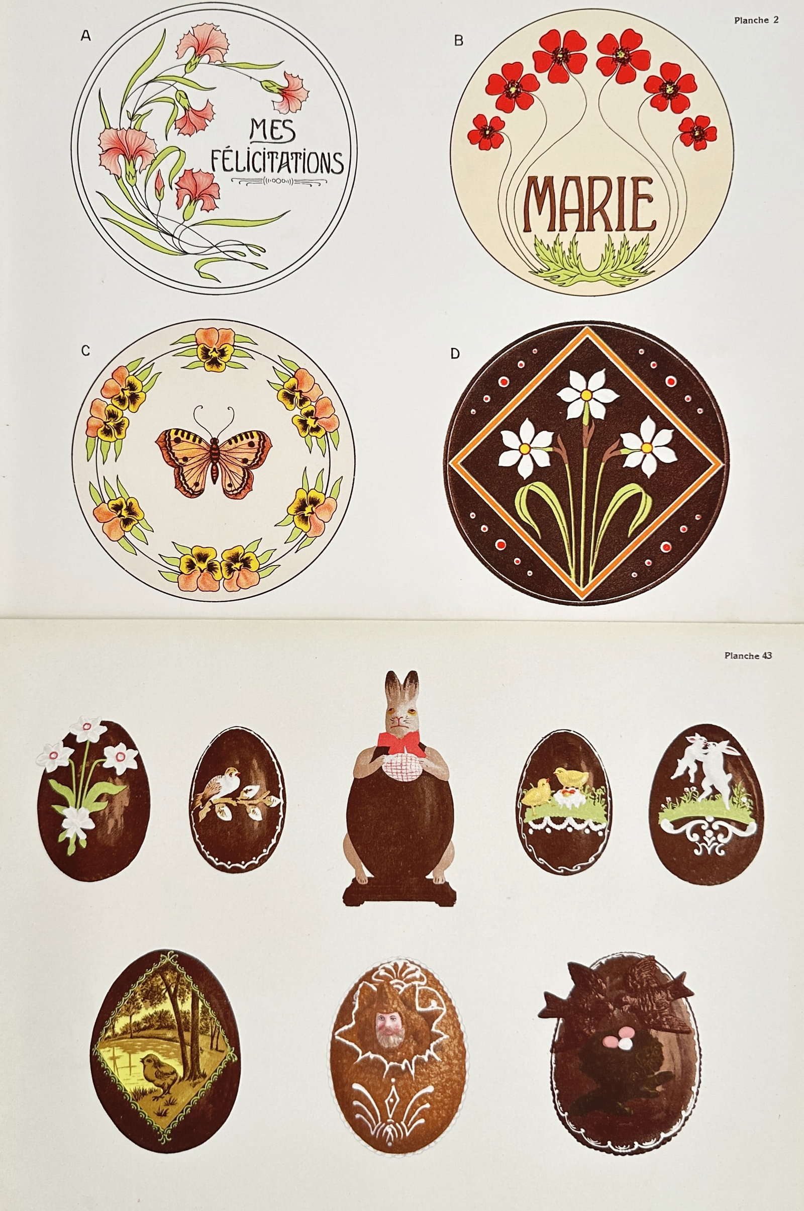 Thérèse de Dillmont – Set of 2: Studies of Floral Medallions and Easter Motifs – Lithographs (1 of 2)