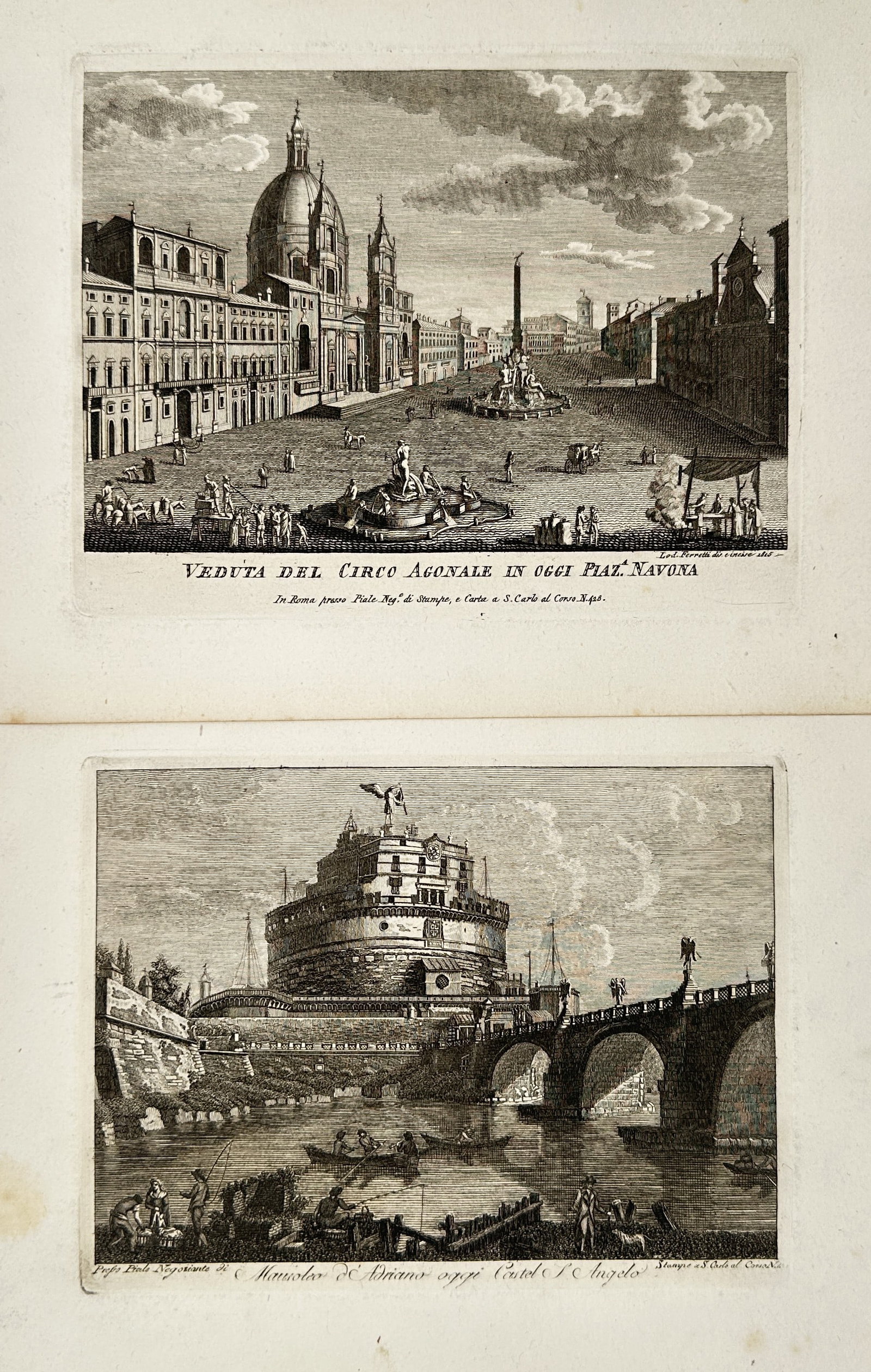 Pietro Parboni – Set of 2: Studies of Piazza Navona and Castel Sant'Angelo – Engravings (1 of 2)
