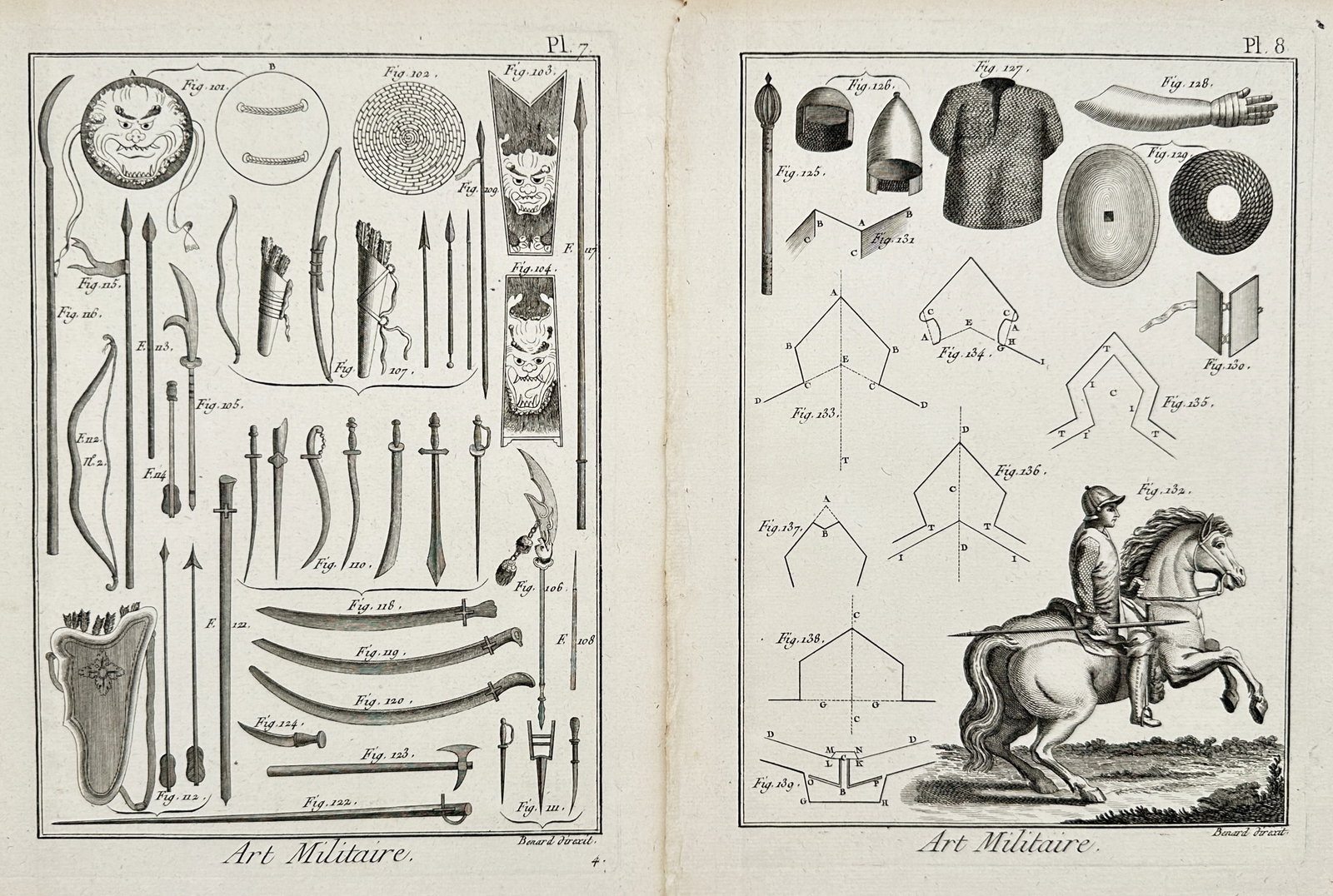 Robert Benard – Set of 2: Studies of Military Arts and Ancient Armor – Engravings (18th Century): "Military Art" This set of two prints features detailed historical illustrations showcasing a diverse array of ancient weaponry and defensive equipment including bows, arrows, swords, shields, chainma