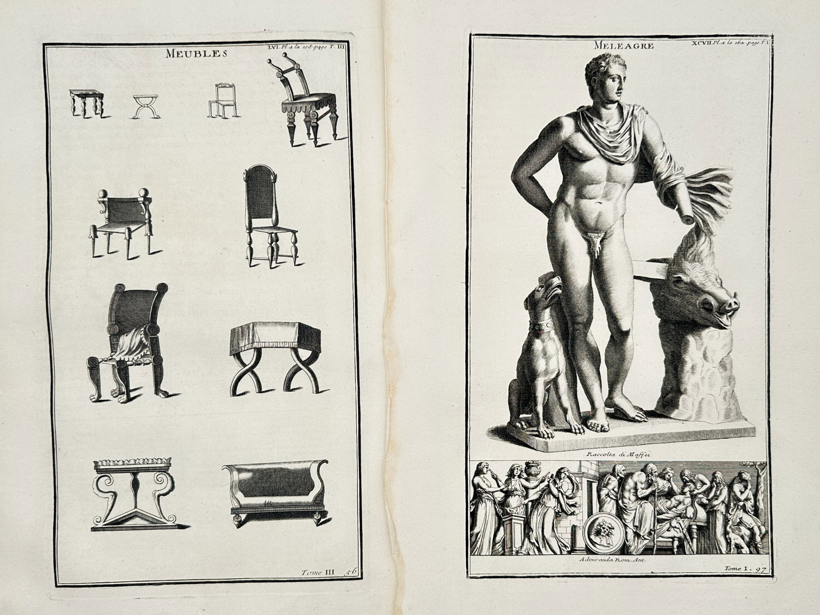 Bernard de Montfaucon – Set 2:Studies of Classical Furniture and the Statue of Meleager: "Studies of Classical Furniture and the Statue of Meleager" This work features detailed antiquarian illustrations showcasing a variety of ancient chairs, tables, and couches alongside a classical marb