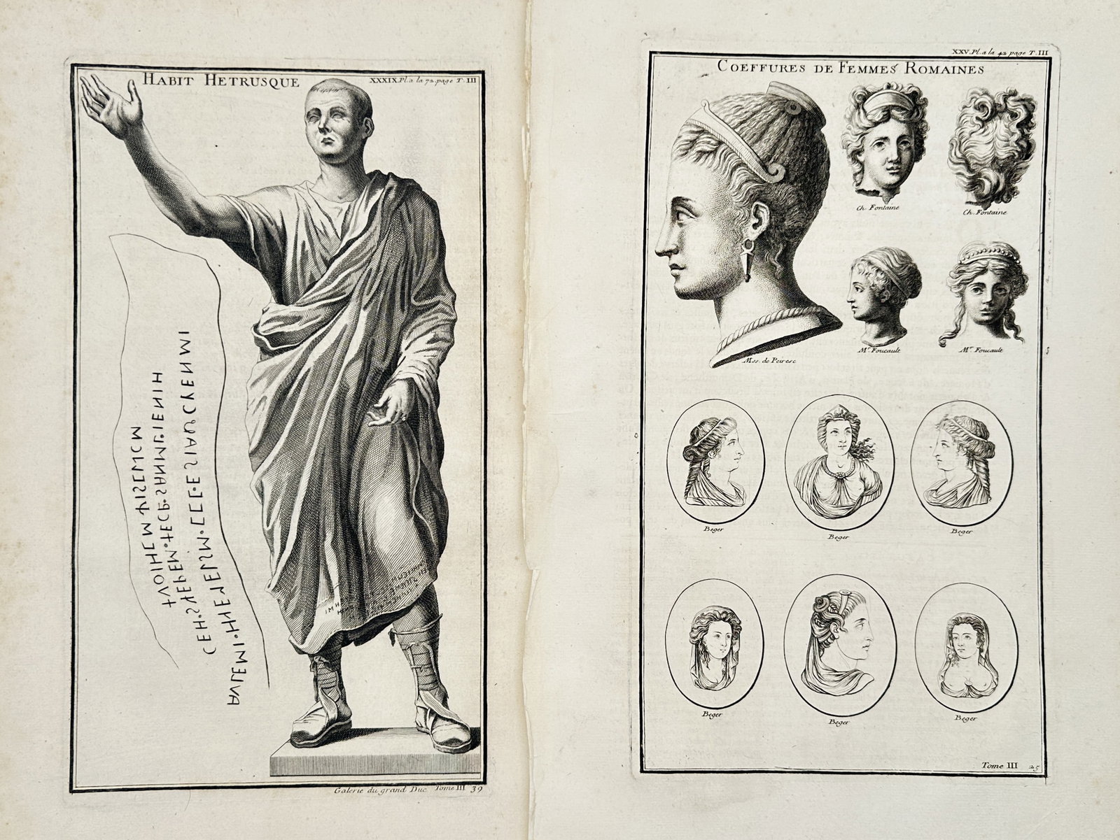 Bernard de Montfaucon – Set of 2: Studies of Etruscan Dress and Roman Women Hairstyle: "Studies of Etruscan Dress and Roman Women Hairstyle" This set of two prints features detailed antiquarian illustrations showcasing full-length figures in ancient drapery and traditional garments alon