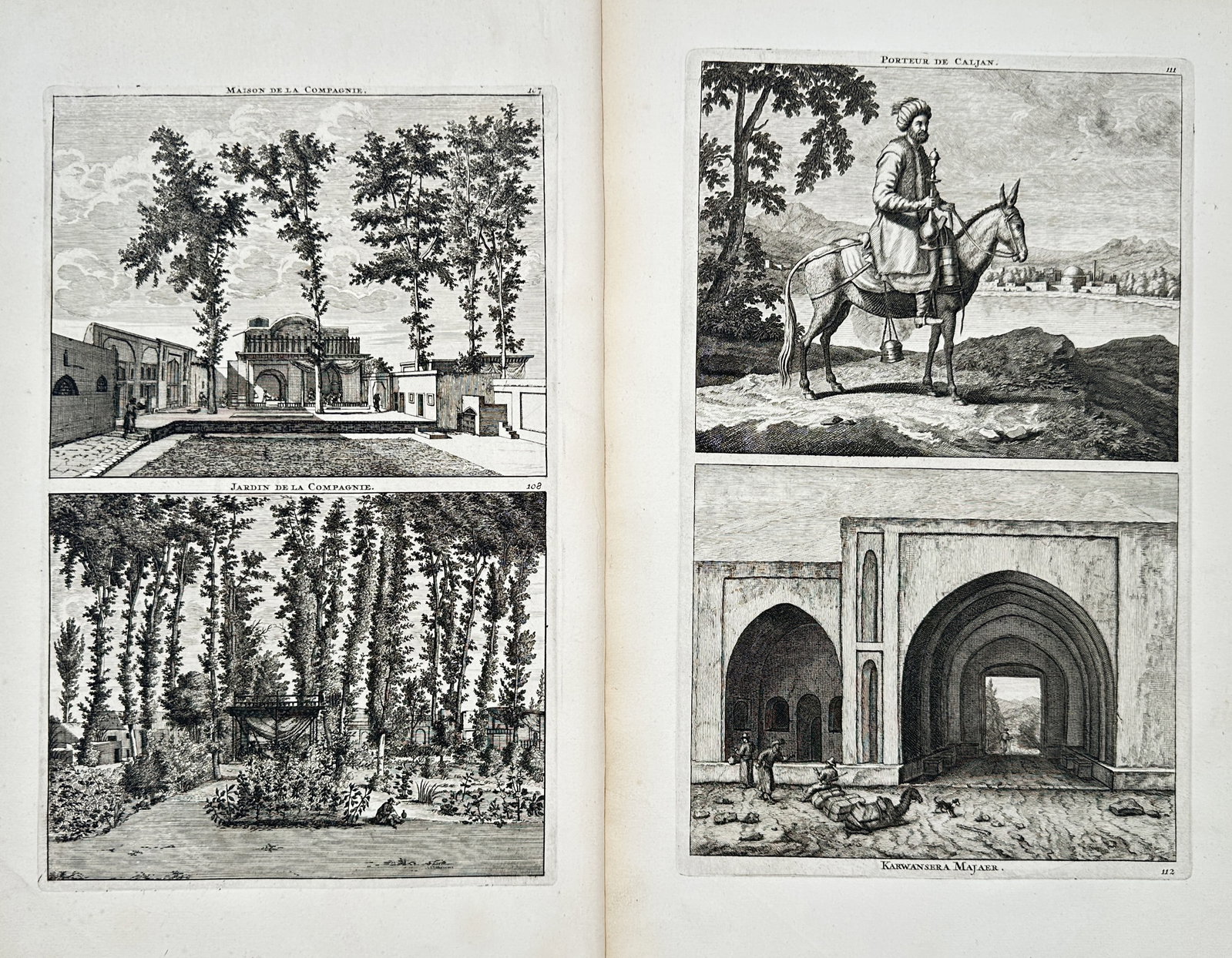 Cornelius de Bruyn – Set of 2: Studies of Persian Estates, a Pipe Bearer, and a Caravanserai (1 of 2)