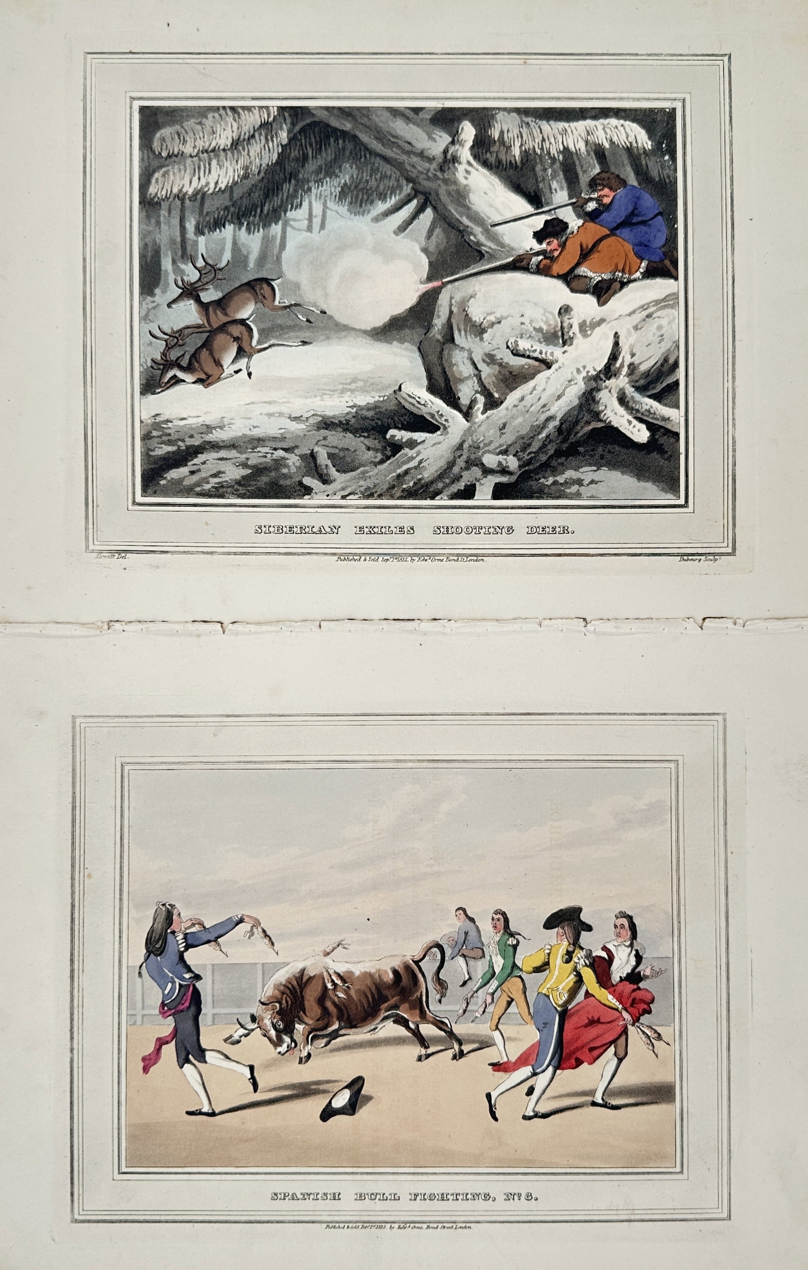 Samuel Howitt – Set of 2: Studies of International Field Sports and Bullfighting – Engravings: "Studies of International Field Sports and Bullfighting" This set of two prints features detailed sporting illustrations showcasing hunters targeting deer in a snow-covered forested landscape alongsid