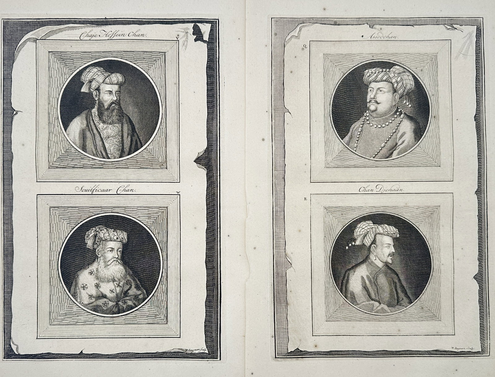 Francois Valentijn – Set of 2: Portraits of Great Mughals and Indian Rulers – Engravings: "The Old and New East Indies." This work features detailed historical illustrations showcasing portrait vignettes of prominent Eastern leaders, including depictions of Mughal figures such as Shah Jaha