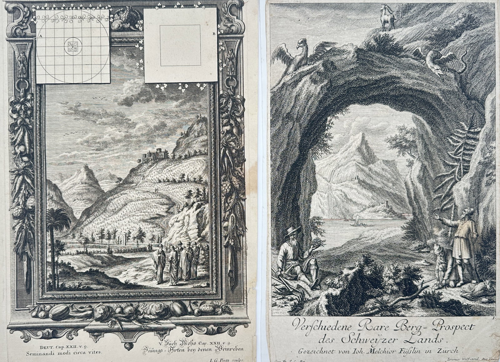 Johann Jakob Scheuchzer – Set of 2: Sacred Physics and Alpine Landscapes – Engravings: "Sacred Physics." This work features highly detailed illustrations combining natural science and biblical history, showcasing an ornate border enclosing a mountainous landscape with figures and geomet
