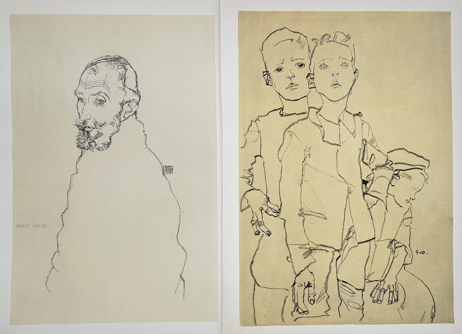 Egon Schiele,after – Set of 2: Expressionist Portrait Studies and Figures – Offset Lithographs: "Expressionist Portrait and Figure Studies." This work features powerful figurative illustrations showcasing a minimalist profile portrait of a bearded man alongside a group study of standing children