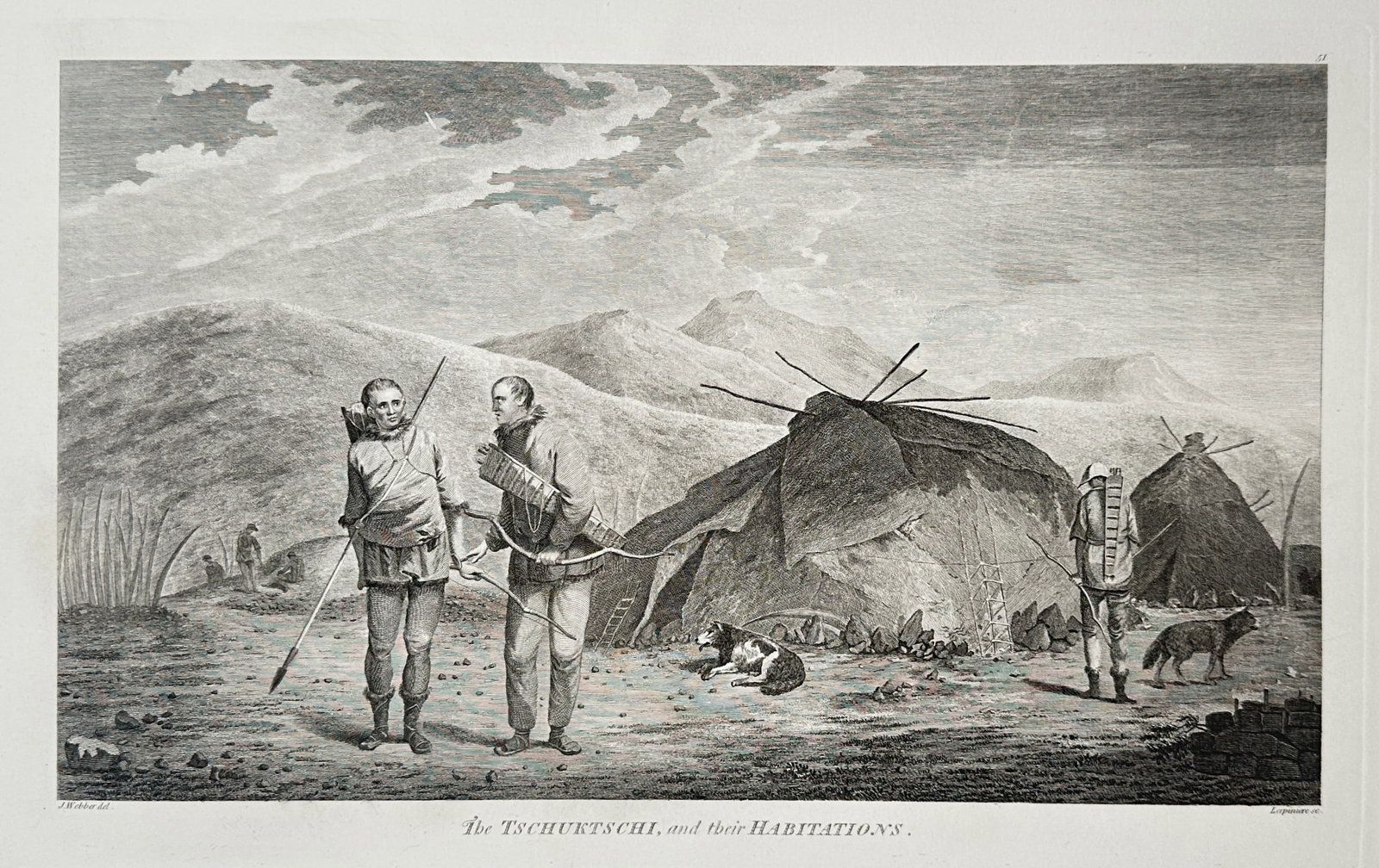 John Webber – The Tschuktschi and Their Habitations – Engraving (18th Century): "The Tschuktschi and Their Habitations." This work features an ethnographic illustration showcasing members of the Chukchi indigenous people standing with their traditional hunting gear near large dwe