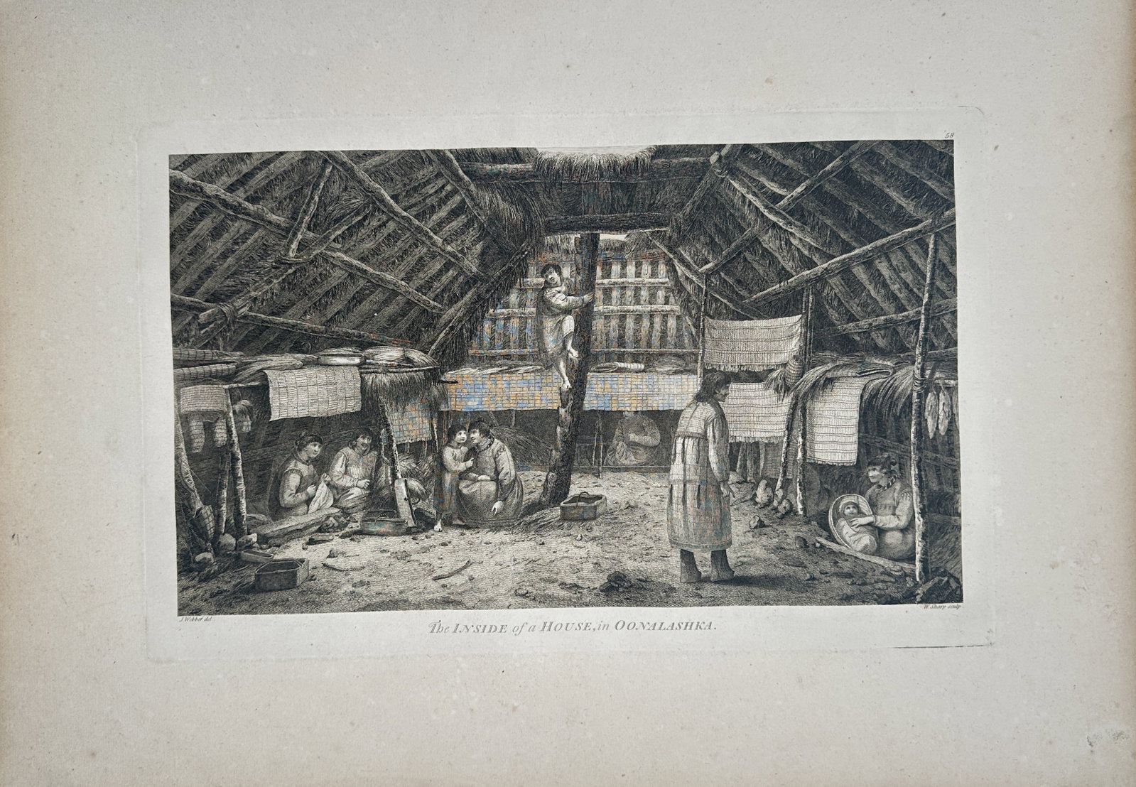 John Webber – The Inside of a House in Oonalashka – Engraving (18th Century): "The Inside of a House in Oonalashka." This work features an ethnographic illustration showcasing the internal domestic life, architectural timber framing, and daily activities of the indigenous inhab