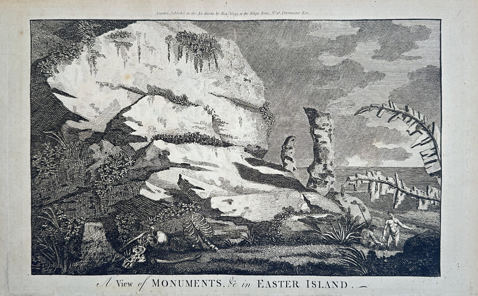 Alex Hogg – Landscape with Monuments in Easter Island – Engraving (18th Century): "A View of Monuments, &c. in Easter Island" This anthropological print presents a landscape view depicting the dramatic rocky terrain and traditional large stone statues of Easter Island alongside the