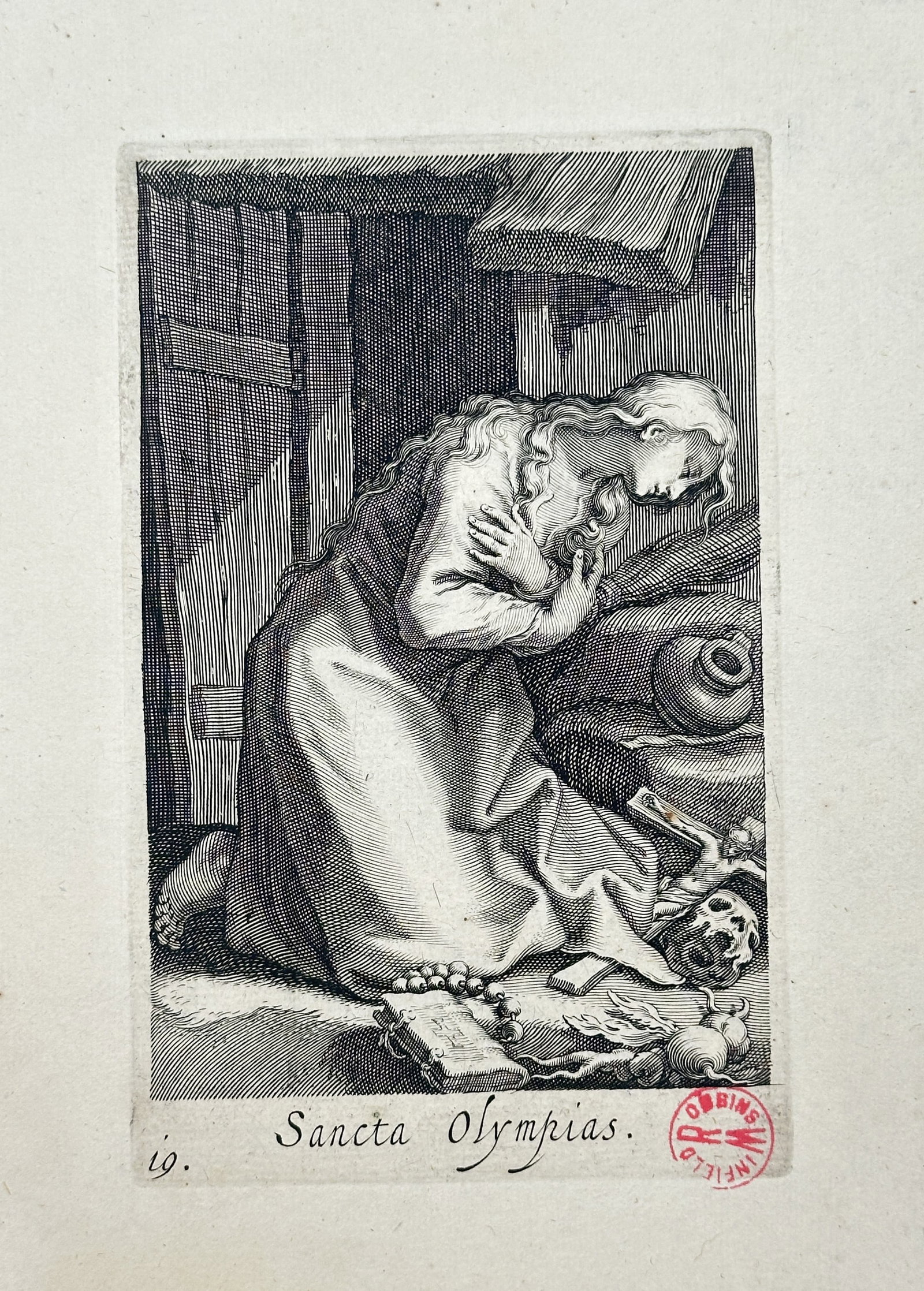 Abraham Bloemaert – Sancta Olympias – Engraving (17th Century): "Sancta Olympias" This religious print depicts a female saint kneeling in devout prayer or contemplation within a modest interior setting. The composition incorporates traditional symbolic elements of