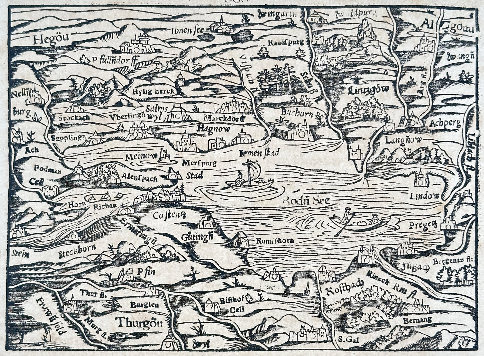 Sebastian Münster – View of Lake Constance – Europe – Woodcut (16th Century): "Lake Constance on the German Side" This geographical print features a regional map depicting the waters, islands, and surrounding topography of Lake Constance. The cartographic study incorporates dec