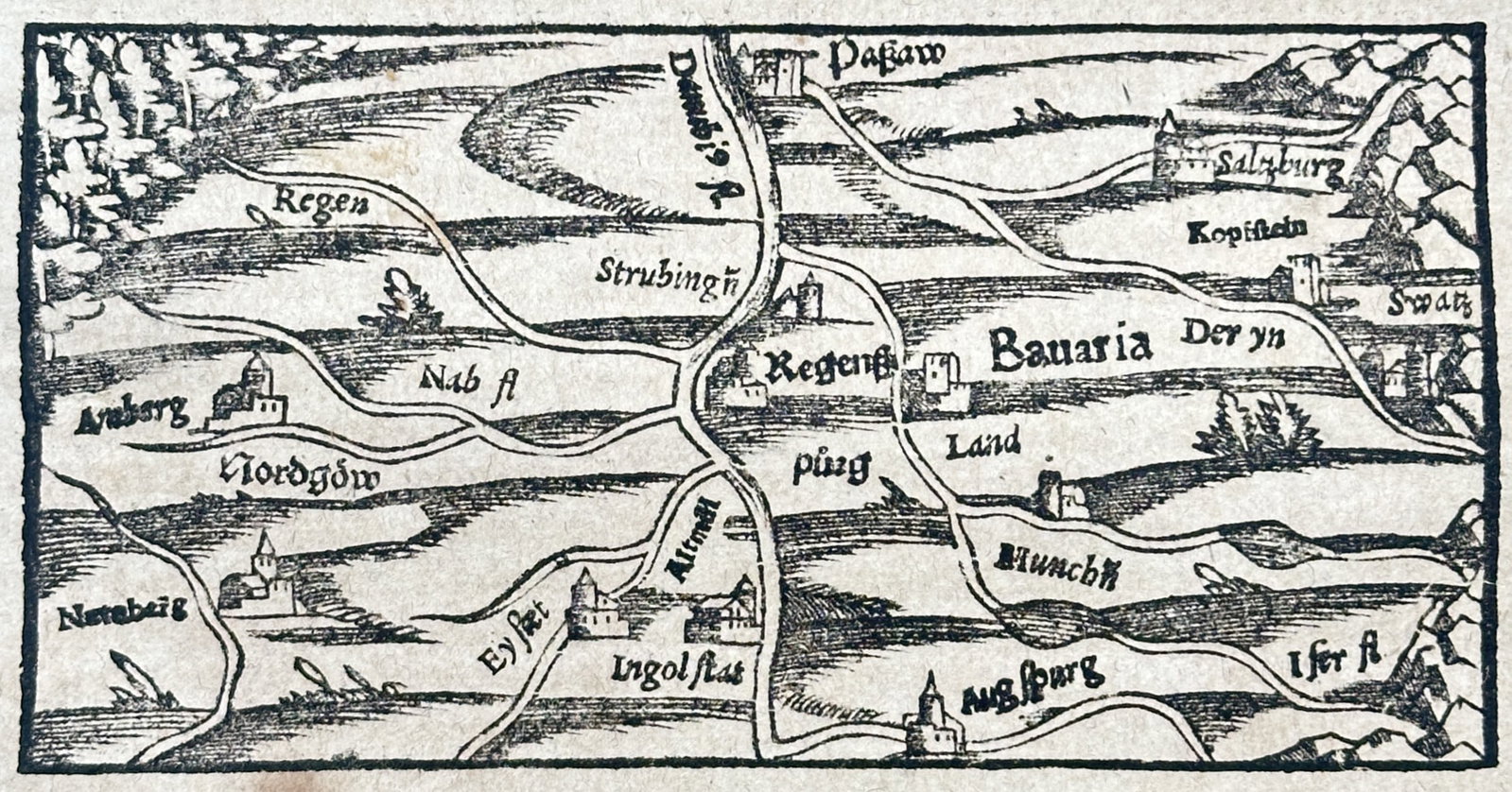 Sebastian Münster – View of Bavaria – Europe – Woodcut (16th Century): "Of the Bavarian Land" This geographical print features a regional map depicting the river systems, early settlements, and territory boundaries of Bavaria accompanied by a heraldic coat of arms shield
