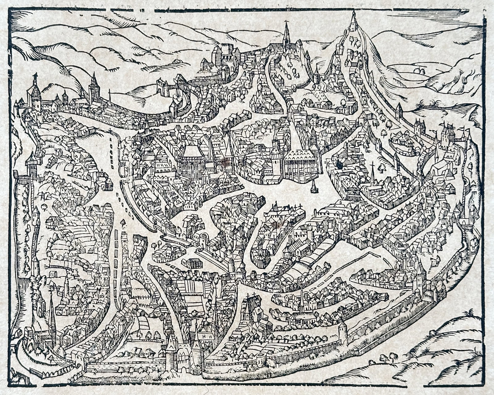 Sebastian Münster – View of Aachen – Europe – Woodcut (16th Century) (1 of 3)