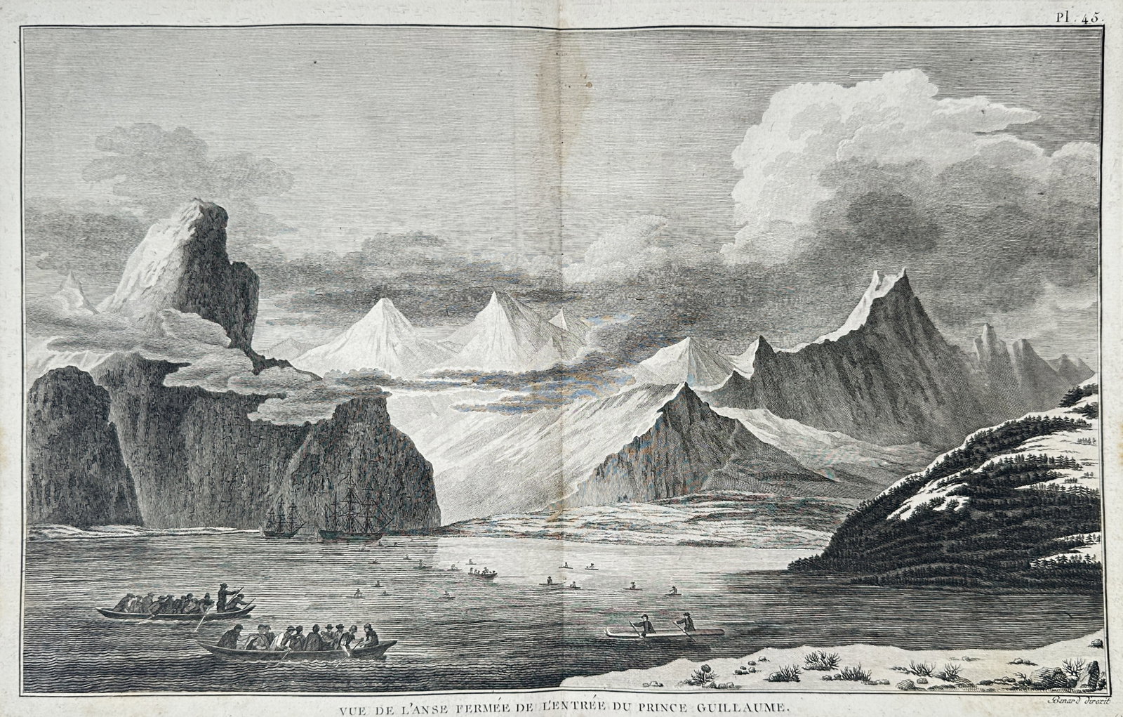 John Webber – View of Prince William Sound – Engraving (18th Century): "View of the Closed Bay at the Entrance of Prince William" This topographical landscape print presents a coastal inlet surrounded by dramatic snow-covered mountains, glaciers, and rocky peaks. The mar