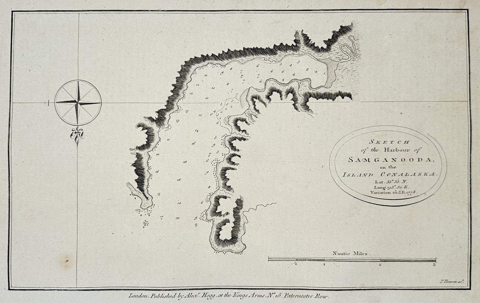 Alexander Hogg – Map of the Harbour of Samganooda on the Island Oonalaska – North America: "Sketch of the Harbour of Samganooda on the Island Oonalaska" This cartographic print presents a coastal survey showing the shoreline contours, depth soundings, and navigational layout of a historical
