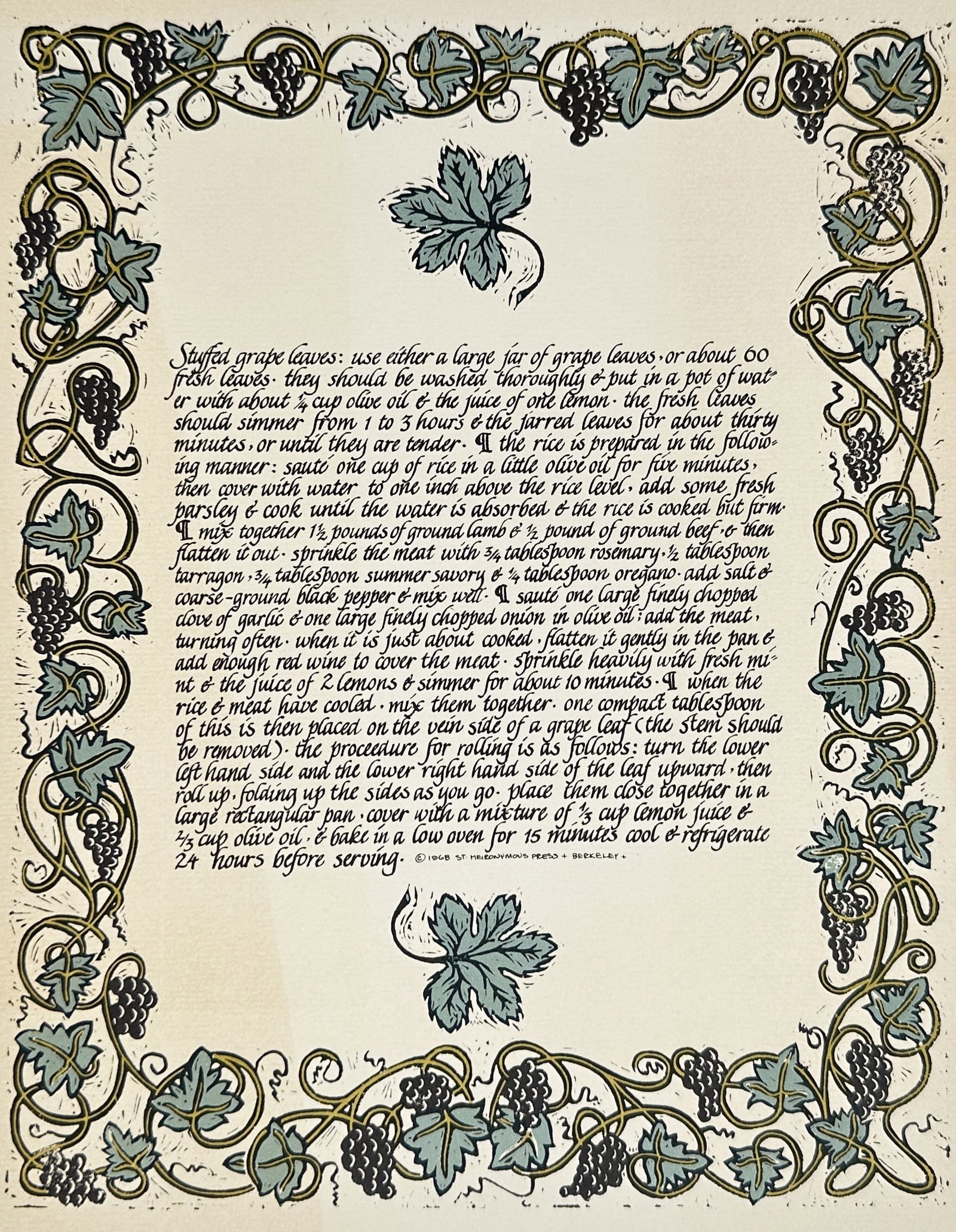 David Lance Goines – Illustrated Recipe for Stuffed Grape Leaves – Lithograph (1968) (1 of 3)