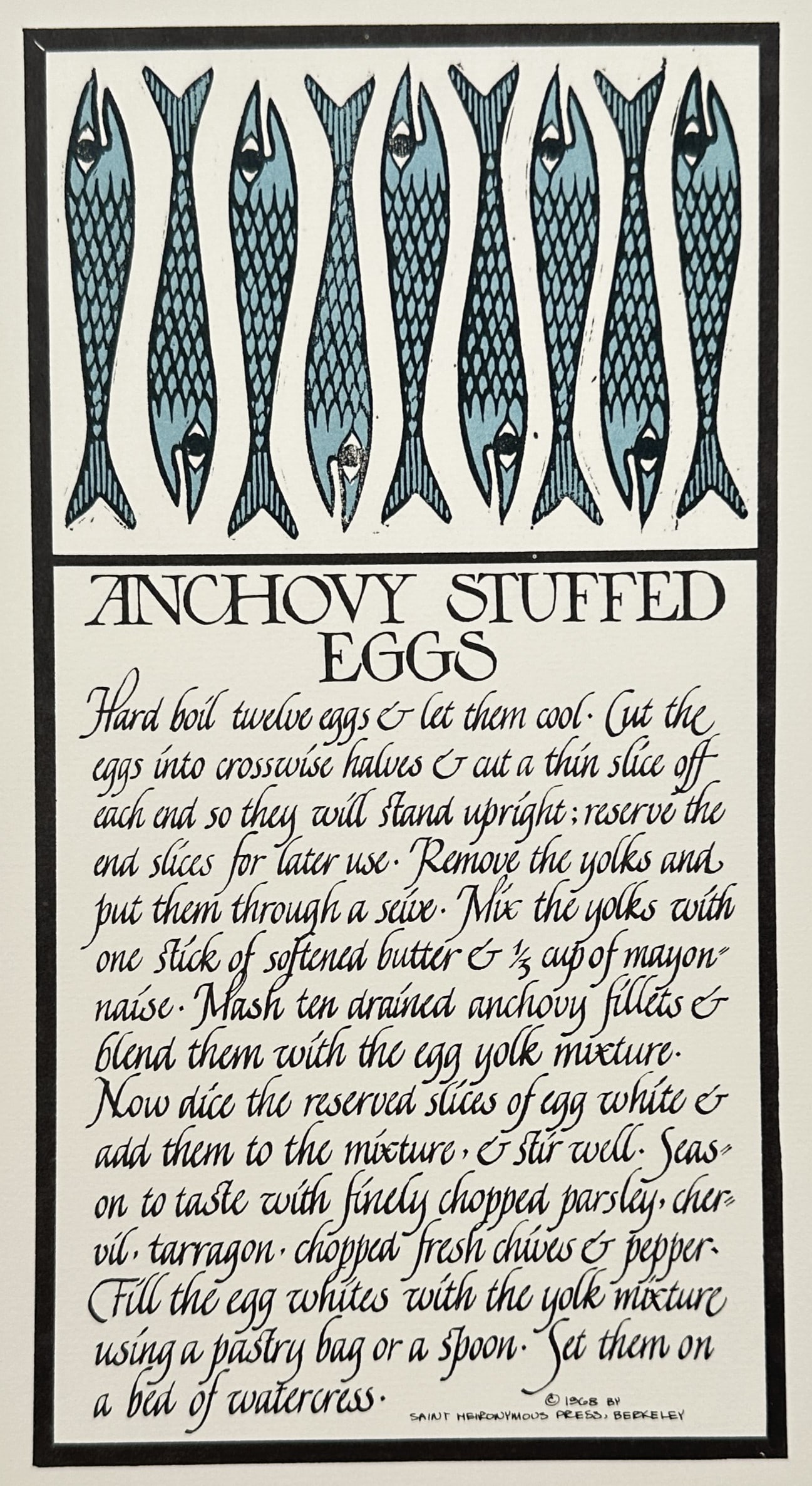 David Lance Goines – Illustrated Recipe for Anchovy Stuffed Eggs – Lithograph (1968) (1 of 3)