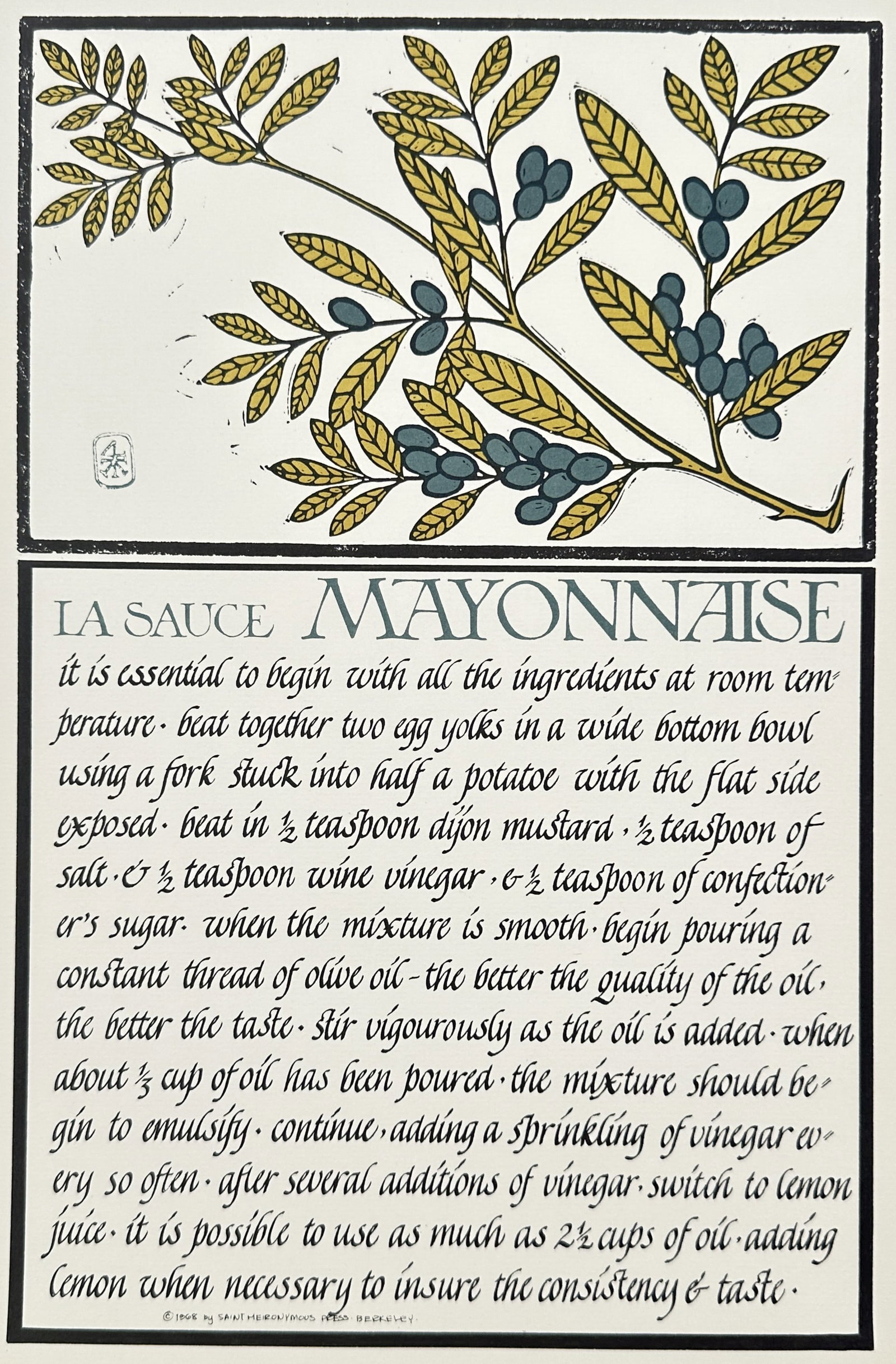 David Lance Goines – Illustrated Recipe for Mayonnaise Sauce – Lithograph (1968) (1 of 3)