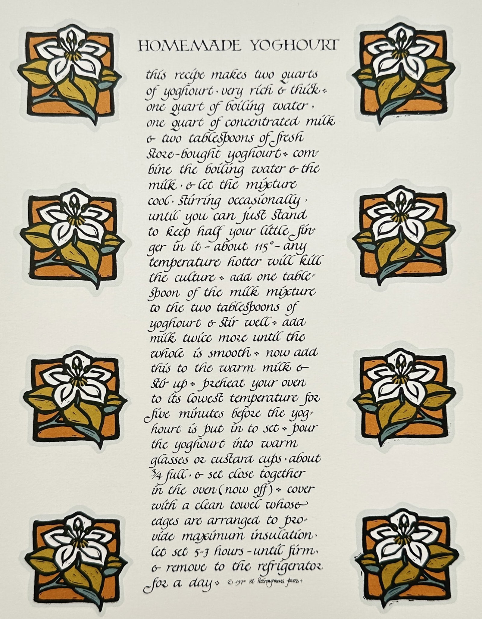 David Lance Goines – Illustrated Recipe for Homemade Yoghourt – Lithograph (1968) (1 of 3)