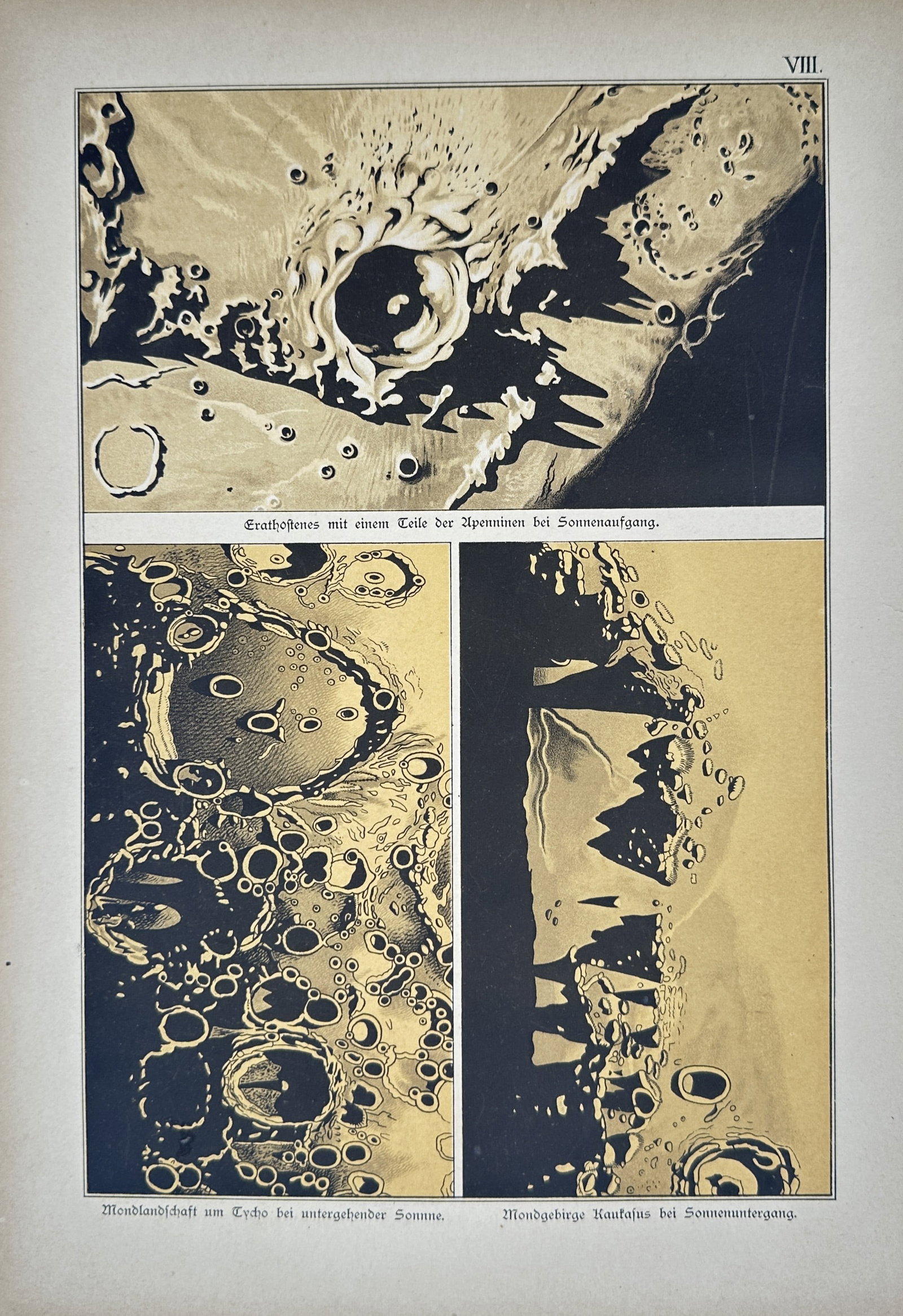 Dr. Edmund Weiss – Study of Lunar Landscapes and Craters – Lithograph (19th Century): "Lunar Landscape Around Tycho" This astronomical print features detailed views of various lunar formations, including craters and mountain ranges observed under changing conditions of sunlight. The sc