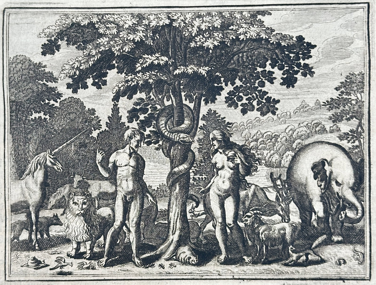 Johann Ludwig Gottfried – Adam and Eve in the Garden of Eden – Engraving (17th Century): "Adam and Eve in the Garden of Eden" This book illustration depicts the biblical scene of the temptation in Paradise with figures flanking the central tree of knowledge surrounded by various animals. 