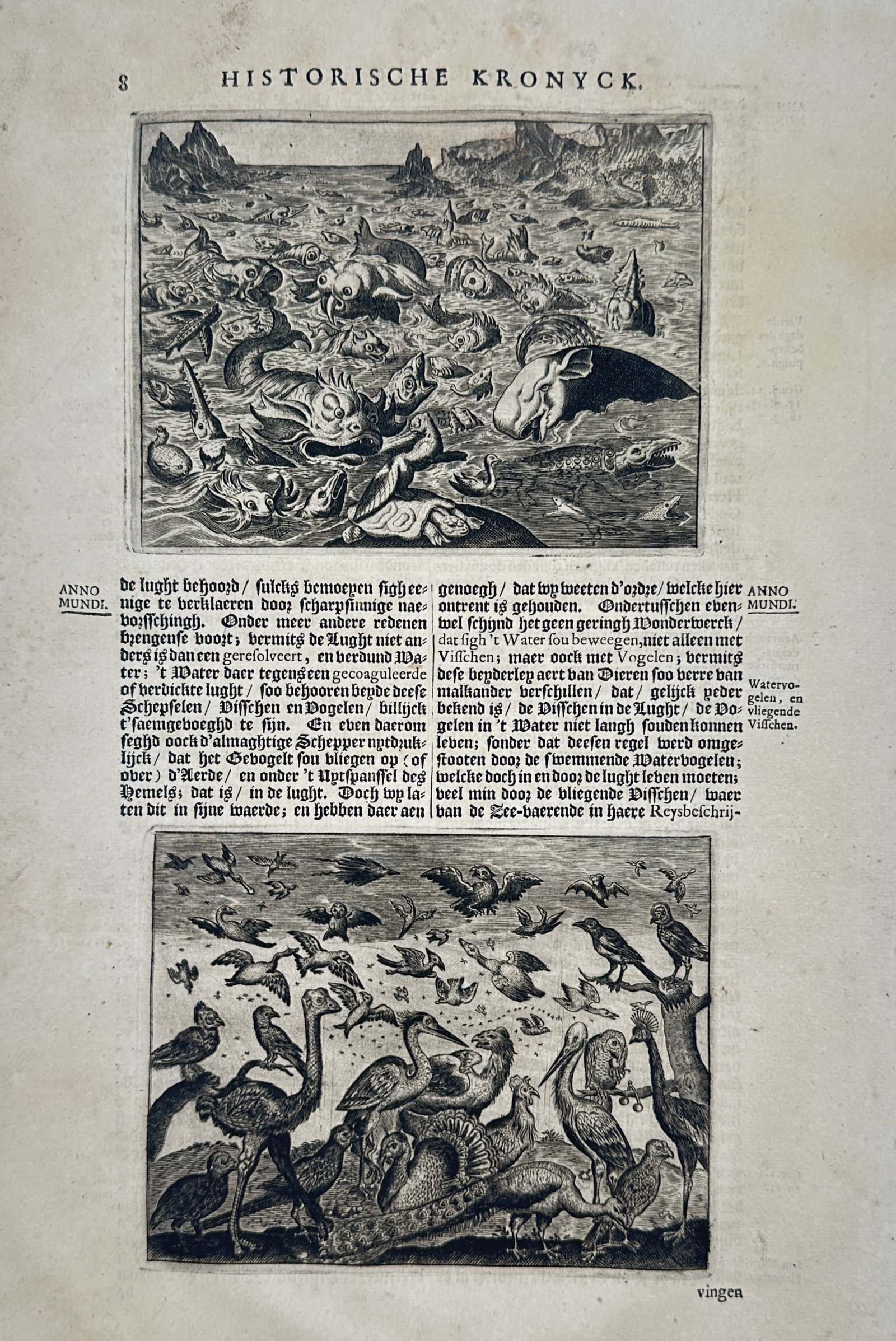 Johann Ludwig Gottfried – Creation of Sea Creatures and Birds – Engraving (17th Century): "Creation of Sea Creatures and Birds" This book illustration features two distinct panels depicting the creation of sea creatures and a diverse gathering of birds from the biblical narrative. The hist