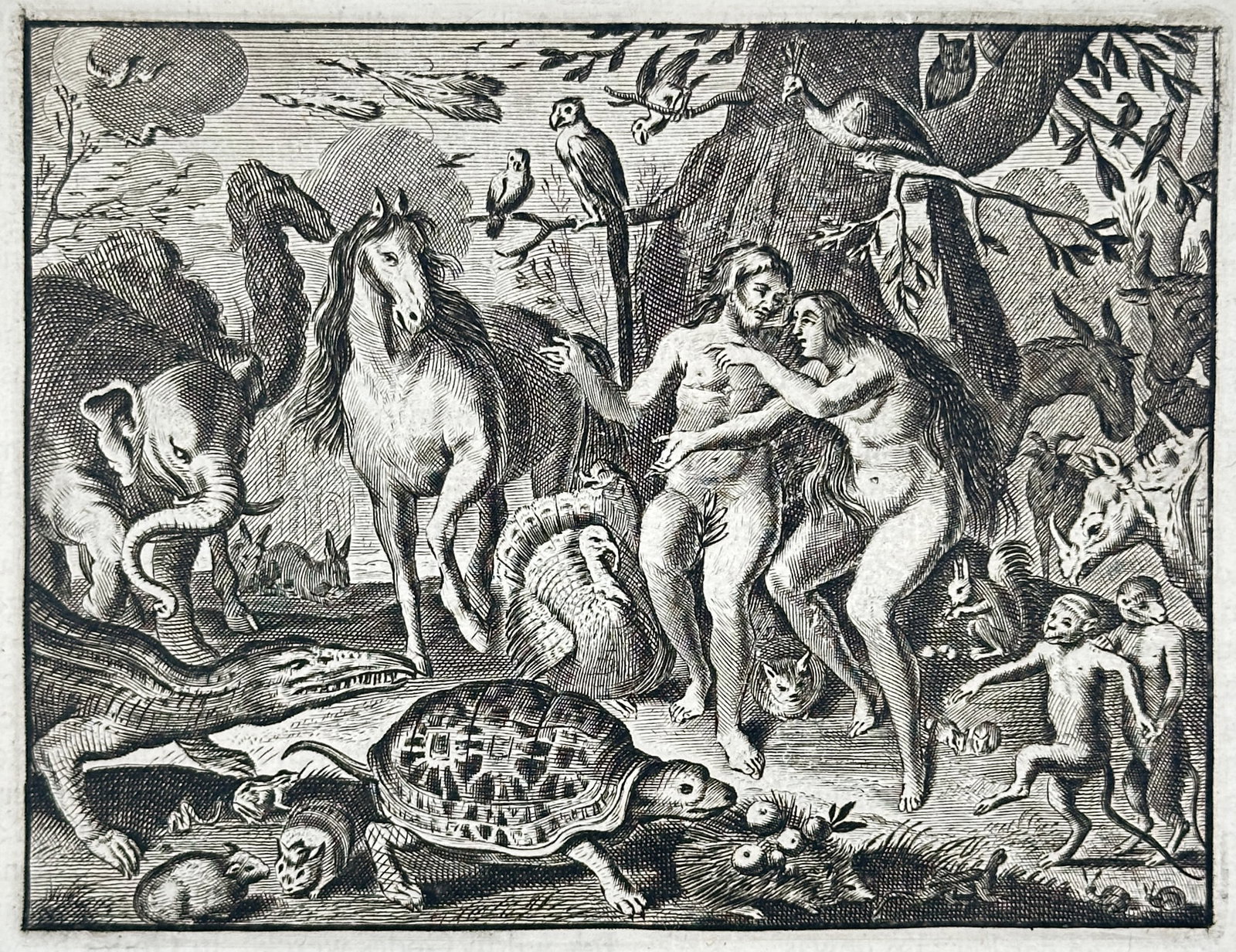 Johann Ludwig Gottfried – Paradise with Adam and Eve surrounded by Animals – Engraving: "Paradise with Adam and Eve Surrounded by Animals" This book illustration depicts the biblical landscape of Eden with the central figures of Adam and Eve gathered near a dense collection of various ma