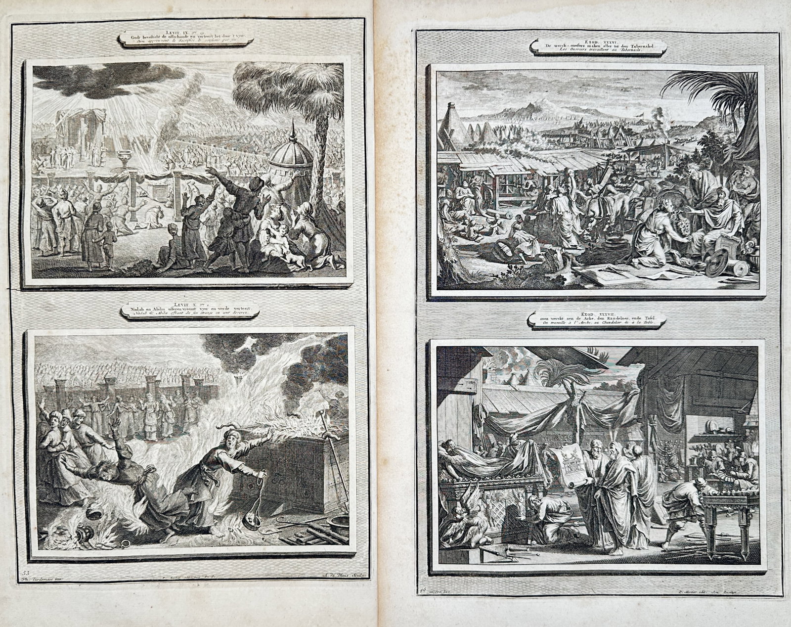 Pieter Mortier – Set of 2: Old Testament Narratives and Tabernacle Scenes – Engravings: "Old Testament Narratives and Tabernacle Scenes" This pair of prints features multiple-panel illustrations showcasing dramatic historical events and sacred assemblies related to the tabernacle and ear