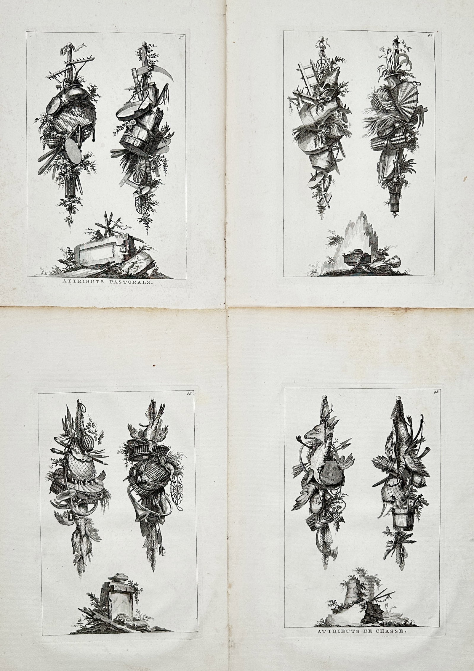 Jean-Charles Delafosse – Set of 4: Classical Trophies and Decorative Attributes – Engravings: "Classical Trophies and Decorative Attributes" This set of four prints features vertical arrangements of various allegorical trophies, incorporating hunting implements, pastoral objects, and botanical