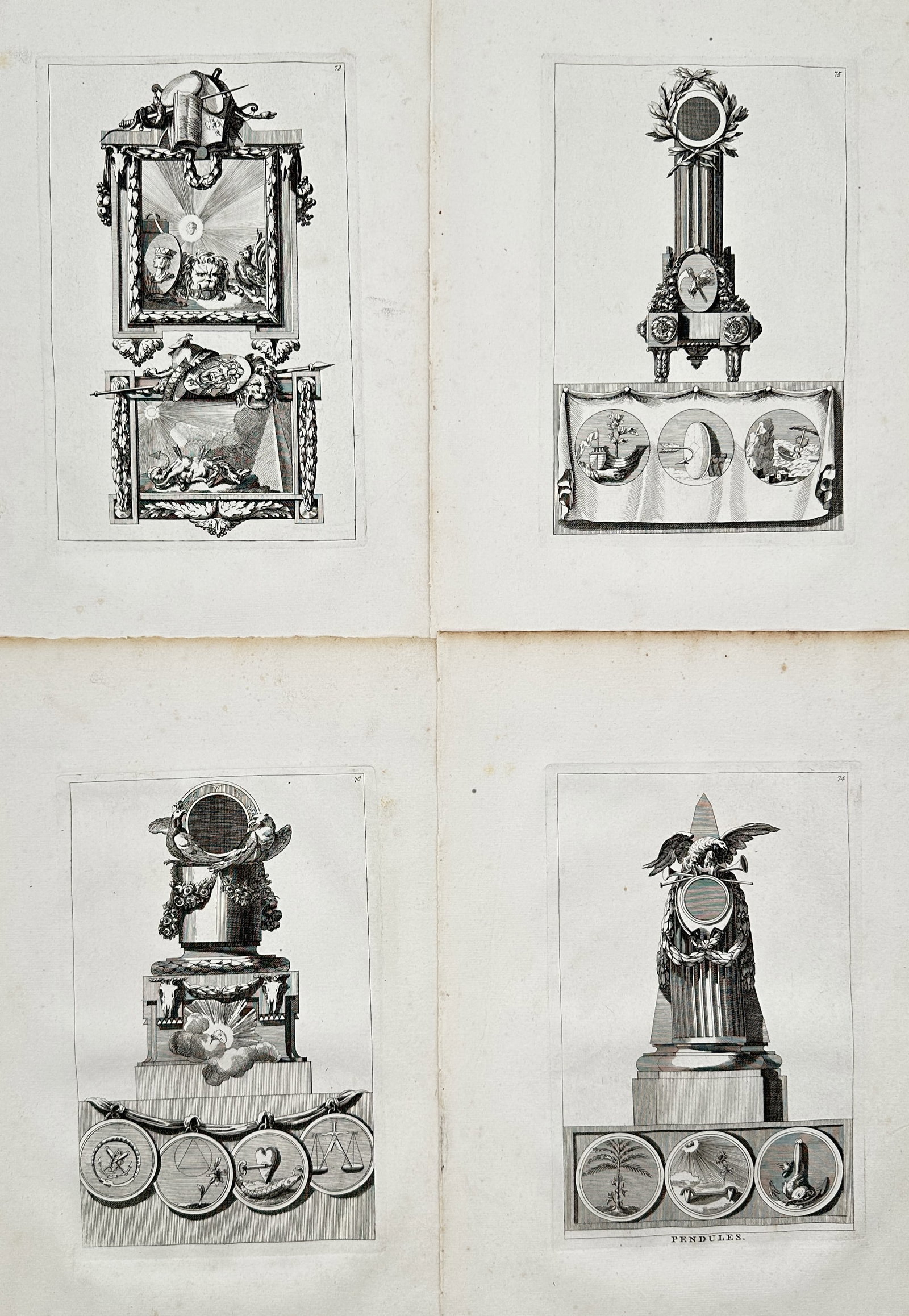 Jean-Charles Delafosse – Set of 4: Neo-Classical Horological Designs – Engravings (18th Century) (1 of 2)