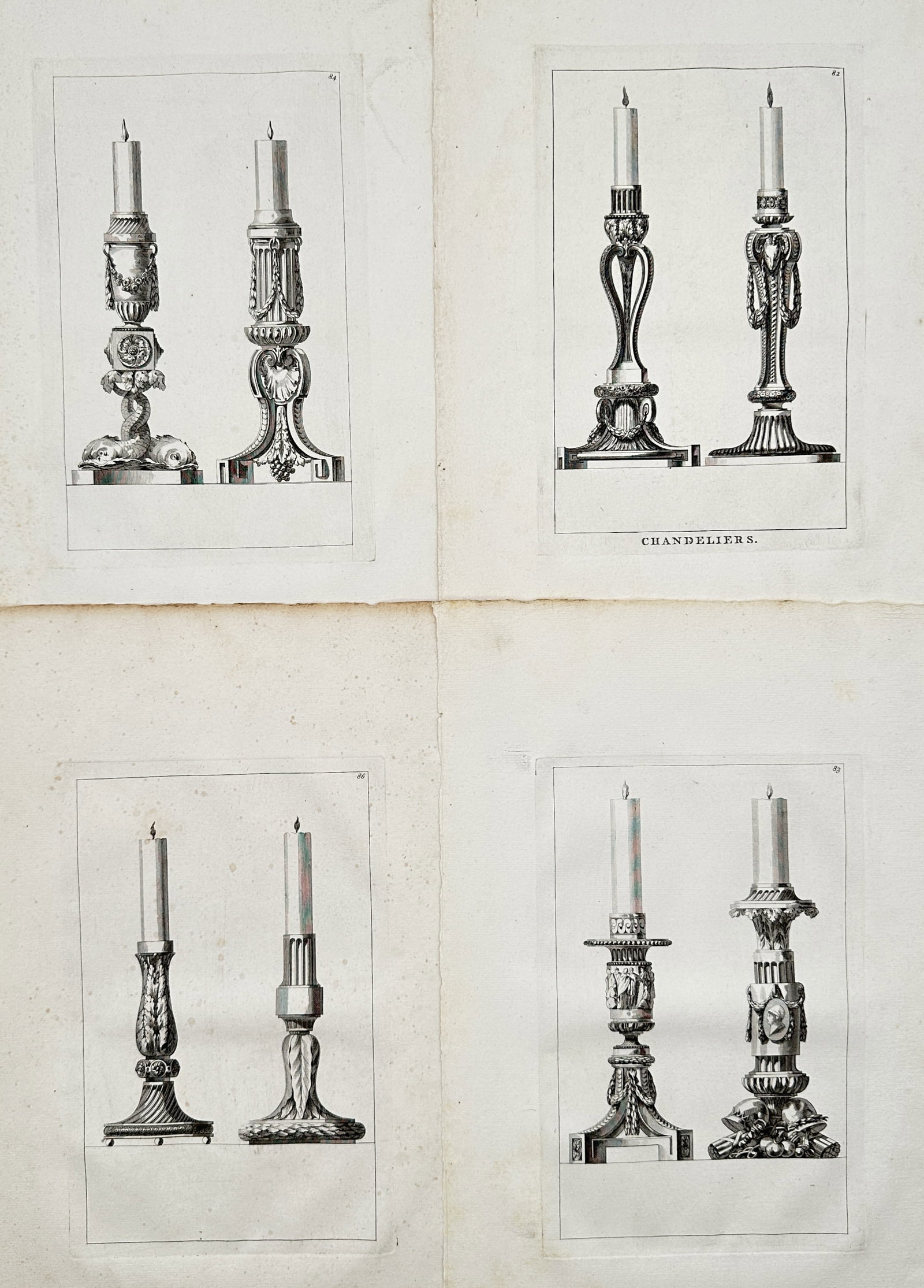 Jean-Charles Delafosse – Set of 4: Neo-Classical Candlestick and Lighting Designs – Engravings (1 of 2)