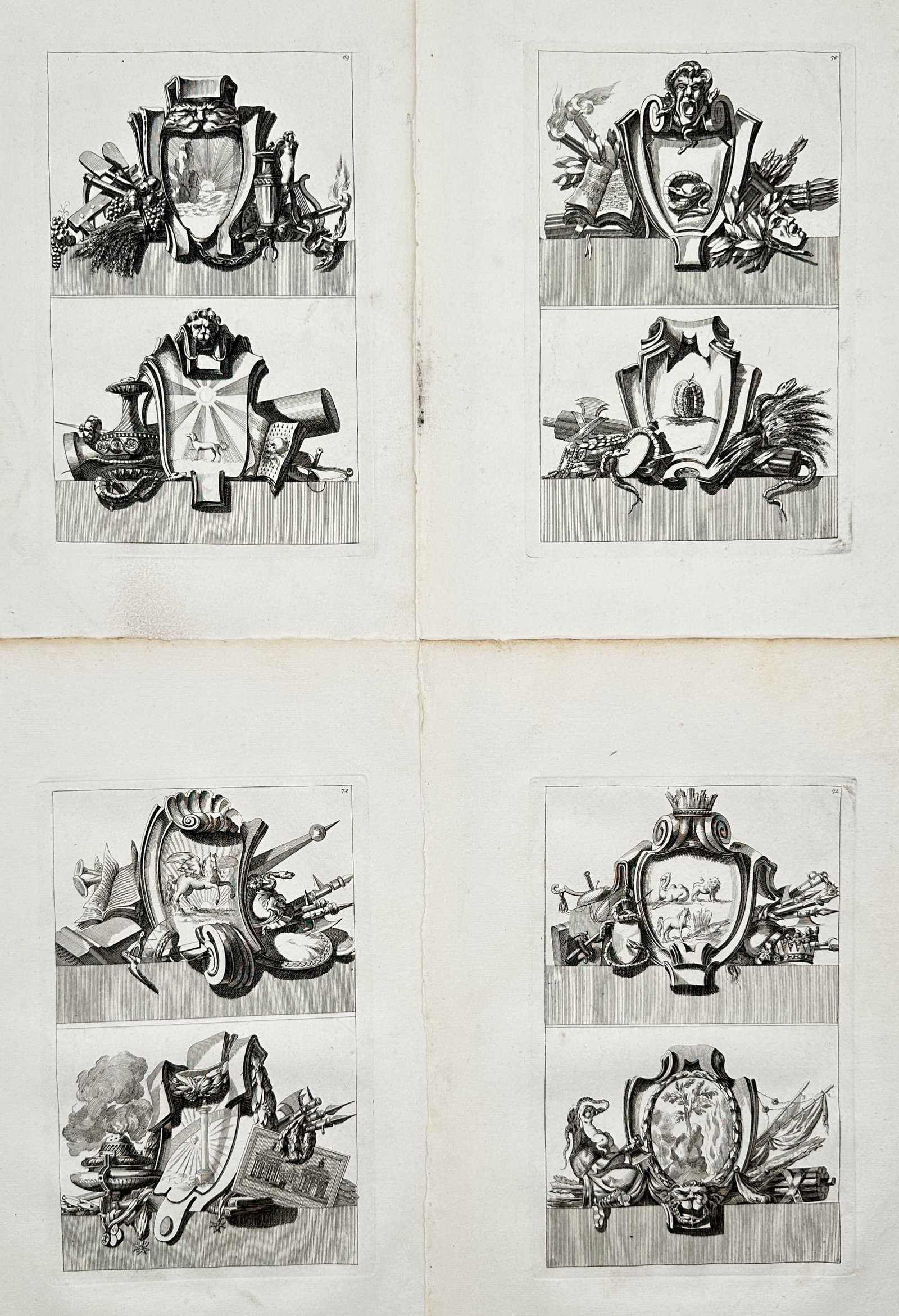 Jean-Charles Delafosse – Set of 4: Neo-Classical Cartouches and Heraldic Ornaments – Engravings: "Neo-Classical Cartouches and Heraldic Ornaments" This set of four prints illustrates an assortment of decorative cartouches, heraldic shields, and symbolic emblems adorned with classical motifs and a
