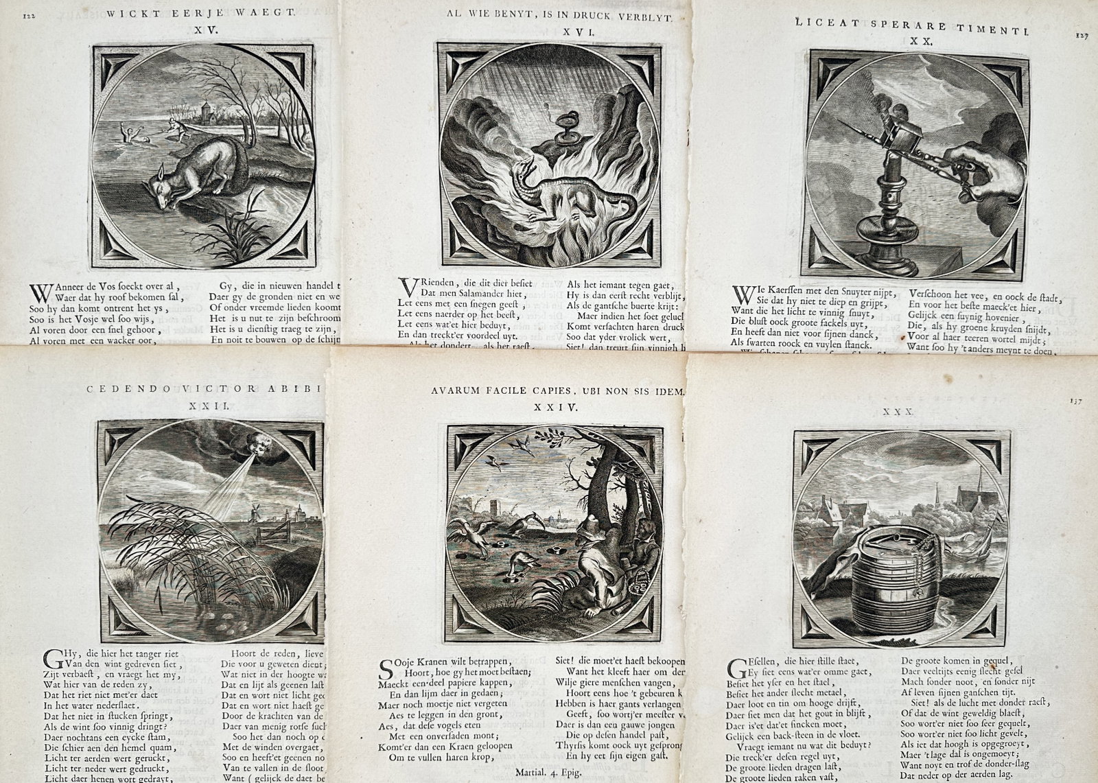 Jacob Cats – Set of 6: Moral Emblems and Didactic Scenes – Engravings (17th Century): "Moral Emblems and Didactic Scenes" This set of six prints features circular emblematic illustrations with accompanying text columns, portraying symbolic animals, elements of nature, and allegorical o