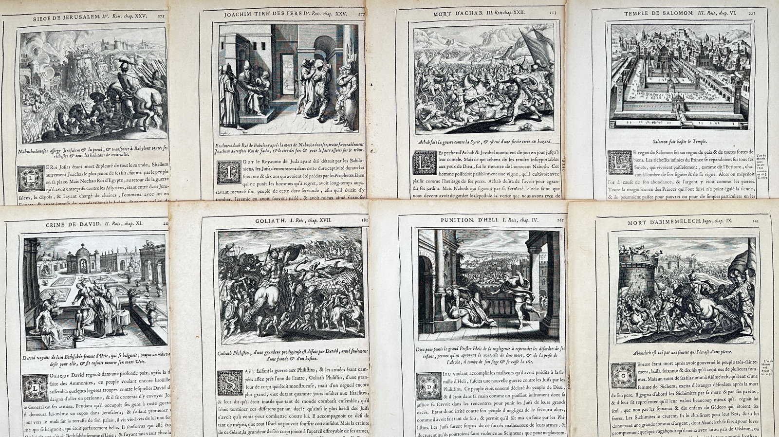 Nicolas Fontaine – Set of 8: Old Testament Narratives – Engravings (17th Century): "Old Testament Narratives" This set of eight prints displays various dramatic events from scriptural history, including battle scenes, architectural views, and classical assemblies integrated within p