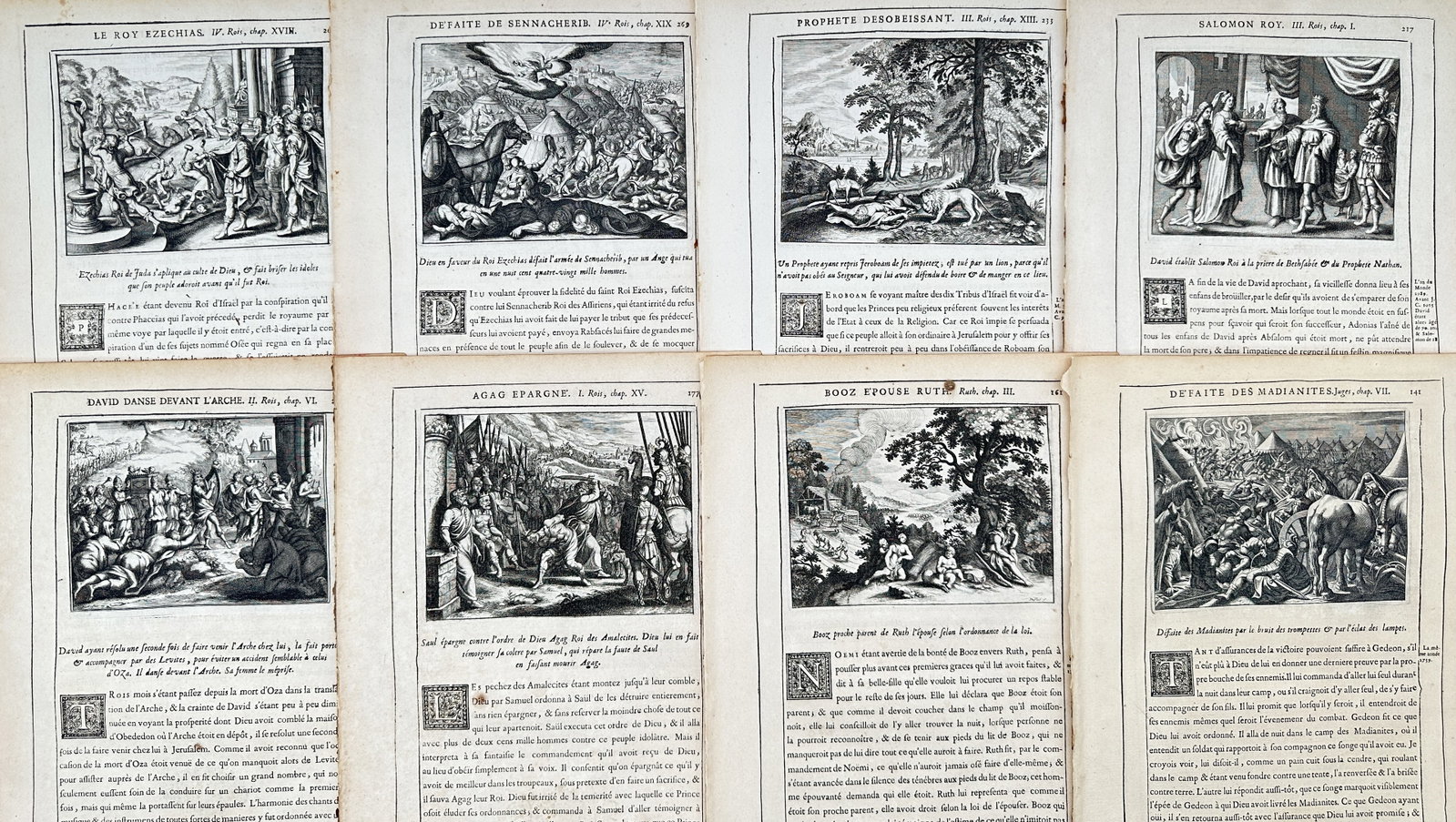 Nicolas Fontaine – Set of 8: Scriptural Histories and Accounts – Engravings (17th Century): "Scriptural Histories and Accounts" This set of eight prints showcases various historical narratives from the Old Testament, depicting religious reformations, royal successions, military encounters, a