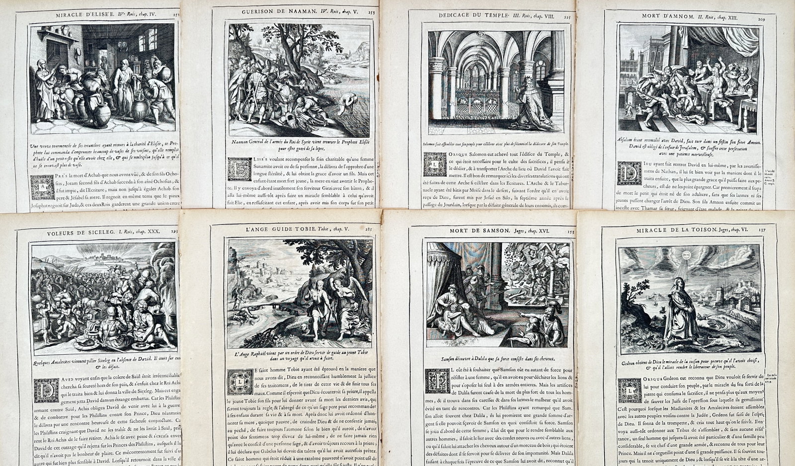 Nicolas Fontaine – Set of 8: Scriptural Miracles and Divine Testaments – Engravings (17th: "Scriptural Miracles and Divine Testaments" This set of eight prints showcases various sacred occurrences and historical episodes from religious history, including divine intervention, temple gatherin