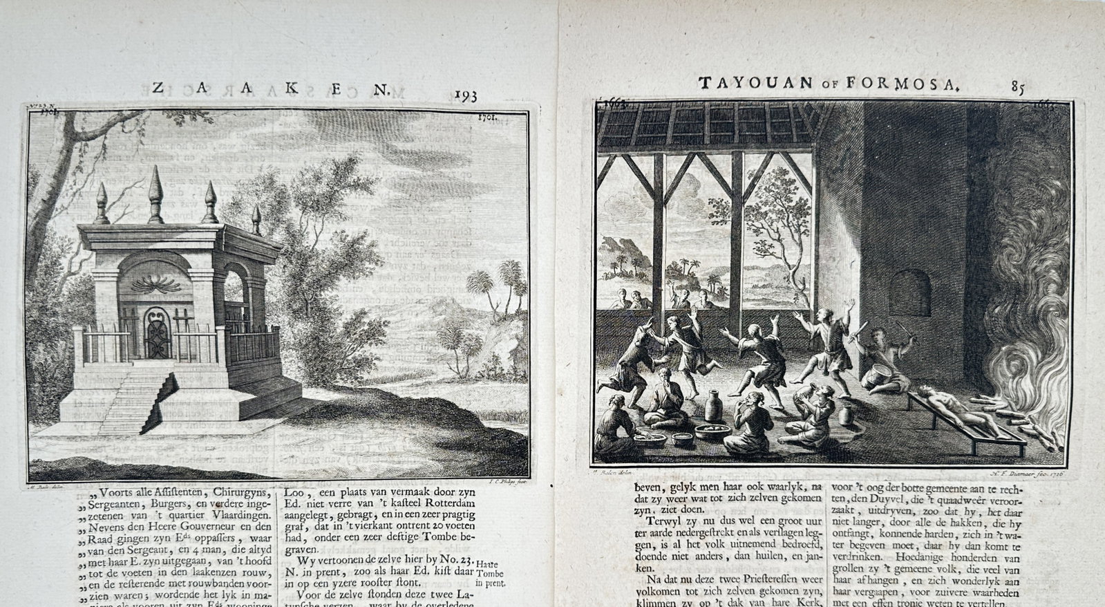 François Valentijn – Set of 2: Views of East Indian Monuments and Ethnographic Scenes of Formosa: "Historical and Geographical Studies of the East Indies" This set of two prints features detailed historical and ethnographic illustrations showcasing an architectural tomb monument alongside a narrat