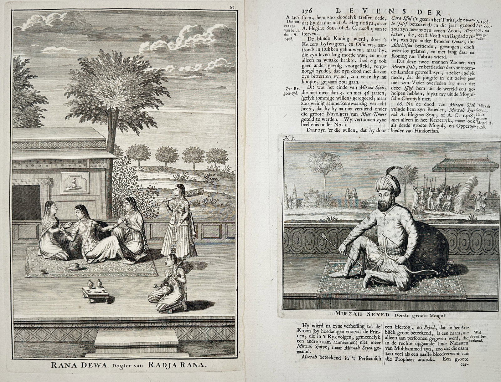 François Valentijn – Set 2: Illustrations of Mughal Figures and Courtly Life – Engraving (18th: "The Great Mughals." This work illustrates historical figures and courtly scenes from the Mughal Empire, including noble women in an outdoor pavilion and a formal portrait of a prominent regional rule