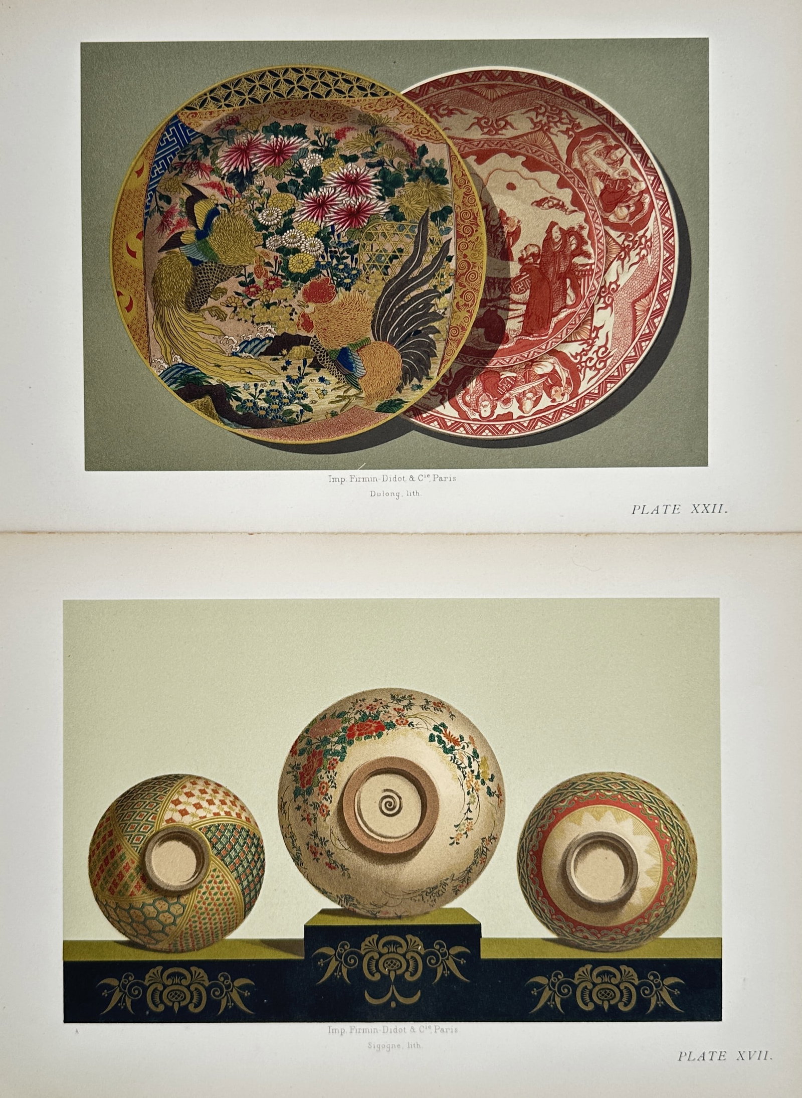 George Ashdown Audsley – Set of 2: Studies of Japanese Ceramic Plates and Bowls – Lithographs: "The Keramic Art of Japan." This work showcases ornate traditional Japanese ceramic vessels decorated with intricate decorative borders, floral patterns, and narrative scenes. The colorful composition